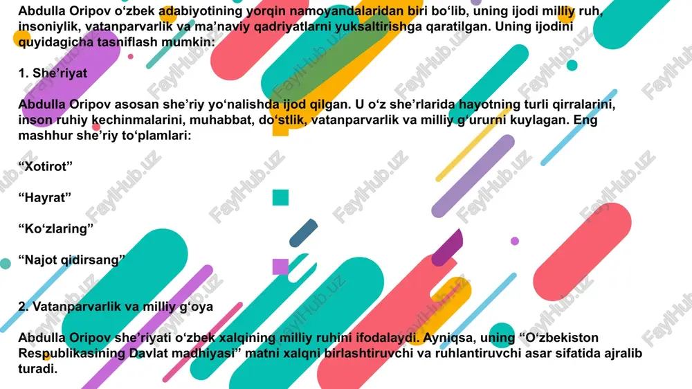 tlar hamda tarixiy manzaralarga bo'lgan e'tibori bilan ajralib turadi. u o'z ijodida o'zbek xalqining madaniy, ma'naviy va tarixiy merosini teran anglab, uni poetik tasvirlar orqali ifodalagan. quyida abdulla oripov she'riyatida milliy qadriyatlar va tarixiy manzaralar aks etishiga oid ba'zi asosiy jihatlar keltiriladi: 1. milliy qadriyatlar tasviri abdulla oripov o'z she'rlarida o'zbek xalqining an'ana va urf-odatlarini, ma'naviy-axloqiy qadriyatlarini ulug'laydi. jumladan: oilaviy qadriyatlar: ona va otaga hurmat, oilaning jamiyatdagi o'rni kabi mavzular she'riyatining muhim qismi bo'lgan. vatanparvarlik va milliy iftixor: shoir o'z asarlarida vatanga bo'lgan muhabbatni, xalq birligini va milliy qadriyatlarni yuksak darajada kuylaydi. "o'zbekiston" kabi she'rlarida bu mavzular yaqqol aks etadi. 2. tarixiy manzaralarning tasviri abdulla oripov xalq tarixi va uning ulug' siymolarini poetik til orqali yodga oladi. buyuk ajdodlarga murojaat: alisher navoiy, amir temur kabi tarixiy shaxslarning ulug'vorligi va ular yaratgan madaniy meros she'rlarida ko'p bor ulug'lanadi. tarixiy voqealar: shoir tarixiy jarayonlarni shunchaki tasvirlamay, balki ularni bugungi avlod uchun ibrat …
