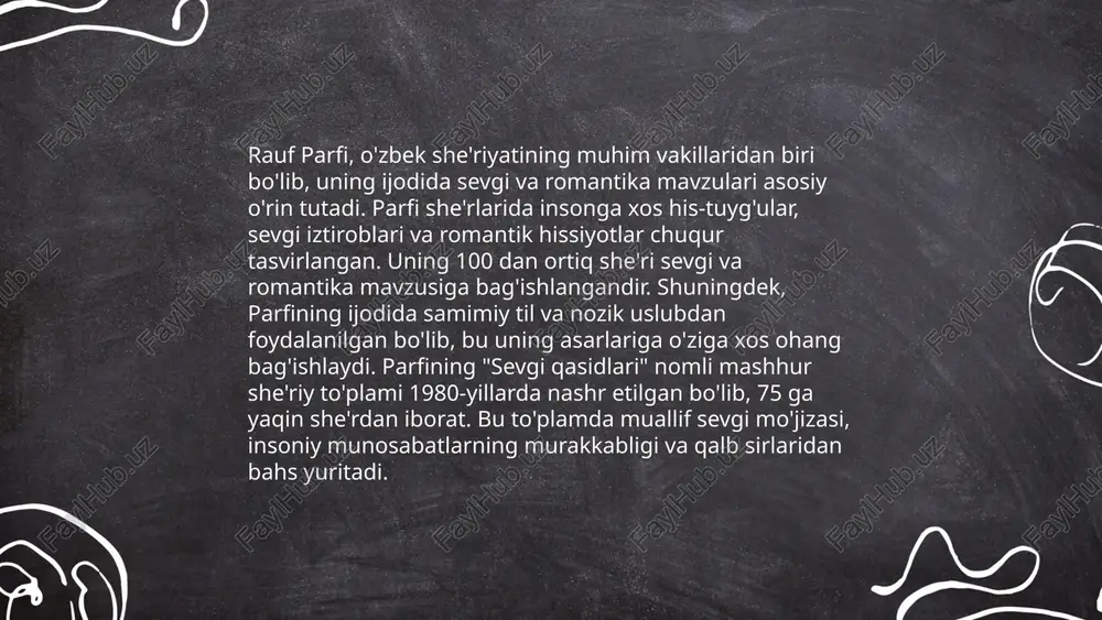 agi munosabatlar, hayot va o‘lim, abadiylik va zamon kabi mavzular keng yoritiladi. parfi ko‘pincha insonning ichki kechinmalarini falsafiy nuqtai nazardan tahlil qiladi, uni atrofdagi olam bilan bog‘laydi. shu bilan birga, o‘z she'rlarida zamonaviy jamiyatning muammolarini ham falsafiy kontekstda ochib beradi. rauf parfi she’rlari orqali o‘quvchilarni hayotning chuqur ma'nolarini anglashga undaydi. uning badiiy tili va falsafiy mushohadalari, she'riyatning estetik va ma'naviy boyligini namoyish etadi. bu xususiyatlar rauf parfini o‘zbek adabiyotida o‘ziga xos o‘ringa ega ijodkor sifatida ajratadi. rauf parfi she'riyati badiiyati pôlatova nargiza e'tiboringiz uchun raxmat! image1.png image2.png image3.png /docprops/thumbnail.jpeg