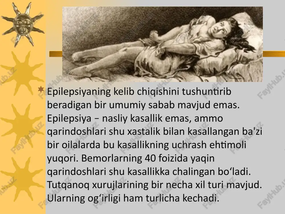 a murakkab absans kuzatiladi kichik epileptik tutqanoqlar katta tutqanoqlarda fenobarbital 0.05-0.2 g kuniga 3 maxal 3-6 oygacha difenin 0.2 -0.3 g, benzanol 0.1-0.3 g, finlepsin 0.2-1.0 g, depakin 1 ta tabletkadan kuniga 2 maxal beriladi kichik tutqanoqlarda suskelip, piknolipsin, 0.75-1.5, etosuksimed, konvuleks, konvulsafin dorilari tavsiya etiladi. davosi tutqanoq tutib bo`lgandan so`ng karaxt bo`lib, keyin uyquga ketadi. boshi tagiga yumshoq yostiq qo`yish, ust kiyimlarining tugmalarini bo`shatish lozim. tutqanoq tutgan vaqtda bemorning qo`l oyoqlarining lat yeyishidan asrash uchun ularni ushlab turish kerak, bo`lmasa suyaklar sinishi mumkin. ko`ylak yoqasini yechish, tilini tishlab olmasligi uchun sochiq chetini yumaloq qilib og`ziga tiqib qo`yish kerak. so`lak bir tomonga oqib turishi uchun bemorni yon boshlab yotqizib qo`yish tavsiya etiladi. tutqanoq tutib bo`lgandan keyin bemorni uyg`otmaslik kerak. parvarish qilish image2.jpeg image3.png image4.png image5.png image6.png image7.png image1.png