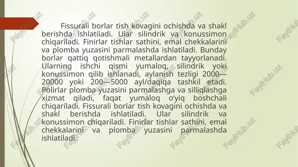 silliqlaydigan tomoni) asboblarga bo'linadi. ekskavator — ikki tomonlama ishlatiladigan asboblar bo'lib, kichik o'lchamdagi qoshiqchaga o'xshaydi. ekskavator tishdan plomba qoldiqlarini, dentin chirklarini va boshqalami olib tashlash uchun mo'ljallangan. ekskavator ishchi qismining chetlari o'tkirlangan va qattiq bo'lishi kerak. ekskavatomi 8 xili ishlab chiqariladi (qoshiqcha diam etriga qarab), zanglamas 40x13 po'latdan tayyorlanadi. tish toshlarini olish uchun asboblar turli shakldagi va o'lchamdagi iskanalardan iborat. qattiq po'latdan yasaladi, chetlari tish kovagiga ishlov berish asboblari 222 o'tkir charxlangan bo'ladi. ular zanglamas 40x13 po'latdan tayyorlanadi. tish omburlari tishlami olishda ishlatiladi, bolalar va kattalar uchun chiqariladi, ikkita yarim bo'laklar yassi qulf yordamida bir-biriga birlashtiriladi. uning dastasi salmoqdor bo'lib, yuzasida o'yiqlari mavjud. sanoatda tish omburlari kattalar uchun 12 xili chiqariladi. tish omburlari ishlatish maqsadiga qarab ishchi qismining shaldi turlicha bo'ladi. tumshuqsimon omburlaming jag'i shaklan qush bumiga o'xshaydi, bunday omburlar pastki jag' tishlarini ham da ularning ildizlarini olib tashlash uchun ishlatiladi (№ 33, 13 va 22). tish omburlari zanglamaydigan po'latdan …