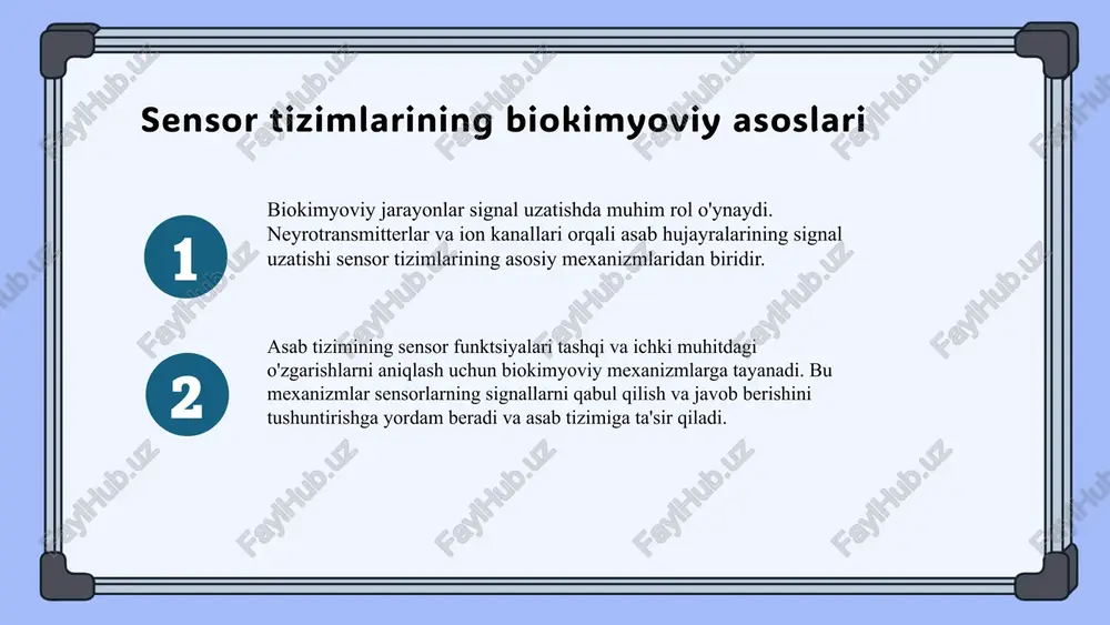 lliklarni tashxislash va bosqichlarini belgilashda muhim rol o'ynaydi. ular kasallikning rivojlanish xaritasini yaratishda va individual davolash strategiyalarini ishlab chiqishda asosiy ma'lumotlar hisoblanadi. biokimyoviy aniqlash usullari kasalliklarni erta aniqlash va shaxsiylashtirilgan davolashda muhim ahamiyatga ega. bu usullar bilan kasallikning rivojlanishini oldindan bilish va qarshi choralarni vaqtida ko'rish imkoniyati mavjud, bu esa bemorlarning sifatli hayot kechirishiga yordam beradi. xulosa asab tizimining biokimyoviy asoslari, sensor tizimlari va ta'm bilishning biologik mexanizmlari o'rtasidagi bog'liqlik muhim ahamiyatga ega. ruhiy kasalliklar va ularning biokimyoviy mexanizmlarini tushunish, diagnostika usullari va kelajakdagi tadqiqot yo'nalishlari bu sohani rivojlantirish uchun asosiy yo'nalishlardir. bu bilimlar nerv tizimining kompleksligi va uning kasalliklariga qarshi kurashda muhim rol o'ynaydi. e'tibor uchun rahmat va muhokama uchun so'rov. photo by markus spiske on unsplash foydalanilgan adabiyotlar foydalanilgan adabiyotlar 1. yoqubov yo. y., to‘rayev a. t. – biokimyo biokimyo asoslarini o‘rganish uchun keng qamrovli darslik. 2. t. nazarov, n. mirzayeva, o. umirov – tibbiy biokimyo biokimyoviy jarayonlar …