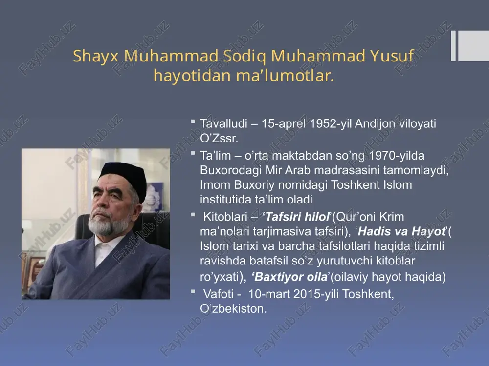 mi noqulayligidan hijolat bo’lib yuradiganlar ham oz emas, ismini o’zgartirganlar ham ko’p. demak, ahli fazl, olim va peshvo kishilar tomonidan yangi tug’ilgan farzandlarga ism tanlanishi ham yaxshi ish. bir qancha muhim qadriyatlar tasnifi. ota-onaning farzand oldidagi burchlari. islomda farzandlarning huquqlari qat'iy rioya qilingan bo'lib, bular ularning ota-onalari yoki yaqin qarindoshlari, yashayotgan jamiyatlariga vazifa qilib yuklatilgandir. bu xaqlarni ado etish vojib bo'lib, unga amal qilish majburiydir. shariat ta'limotlari bo'yucha ota-ona farzandlariga g'amxorlik qilishi, ilmli bo'lib ulg'aytirishi lozim. asarda gender tenglikka oid fikrlar. erkak va ayollarning huquq va majburiyatlarii. erkakning oila oldidagi majburiyatlari. oila qurisha faqat kuyov taraf kelin tanlash huquqiga ega emas, balki kelin ham kuyov tanlash huquqiga egadir. bunda quyidagi sifatlarga e’tibor qaratish lozim. dindorlik solihlik taqvodorlik oila ma’suliyatini ado etish qobiliyati. ayolning majburiyatlari va burchlari. ulamolarimiz barcha hujjat va dalillarni o’rganib chiqib hamda boshqa omillarni hisobga olib, munosib ayol tanlashda quyidagi narsalarga e’tibor berishlikni ta’kidlaganlar: dindorlik solihalik bolaga mehribon …