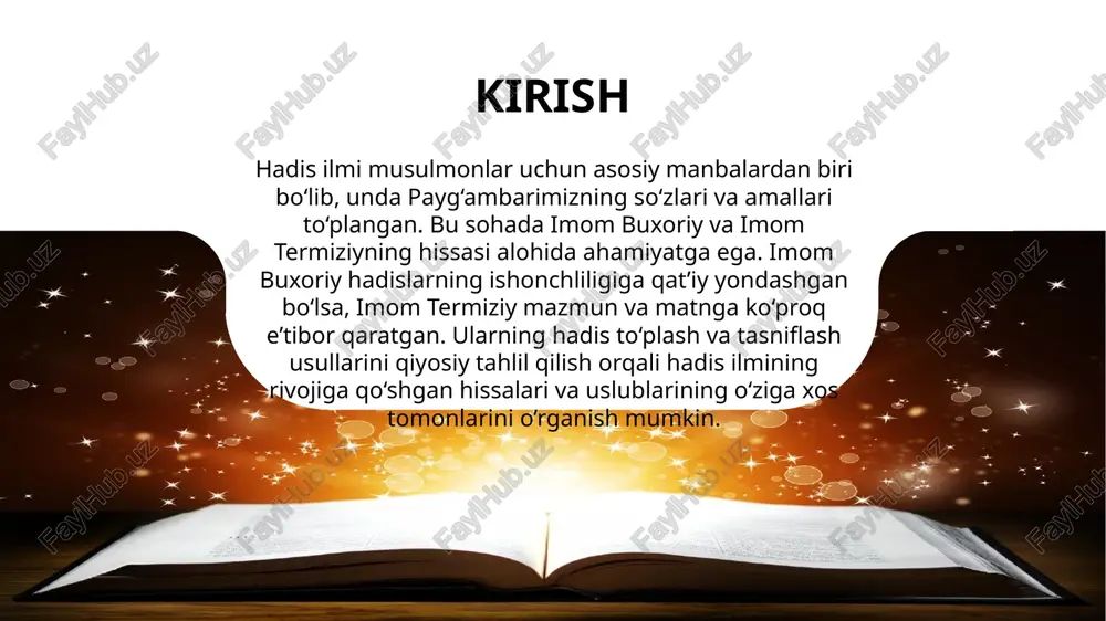 t ishonchli raviylar zanjiriga ega bo‘lgan va ishonchlilikka to‘liq javob beradigan hadislarni kiritgan. kitobda 7 mingdan ortiq hadis mavjud bo‘lib, ularning ko‘plari turli mavzularga, jumladan, e’tiqod, ibodat, axloq va shariat hukmlariga doirdir. abu hurayra roziyallohu anhudan rivoyat qilinadi: rasululloh sallallohu alayhi va sallam dedilar: "kim alloh va oxirat kuniga ishonsa, yaxshi gap aytsin yoki sukut qilsin. kim alloh va oxirat kuniga ishonsa, qo'shnisiga yaxshilik qilsin. kim alloh va oxirat kuniga ishonsa, mehmoniga hurmat ko'rsatsin. sahih al-buxoriy hadislaridan namunalar umar ibn xattob roziyallohu anhudan rivoyat qilinadi: rasululloh sallallohu alayhi va sallam dedilar: "amallar niyatga bog'liqdir. har bir kishiga niyat qilgan narsasi beriladi. kimning hijrati alloh va rasuliga bo'lsa, uning hijrati alloh va rasuliga bo'ladi. kimning hijrati dunyo uchun bo'lsa, u dunyoni qo'lga kiritadi. abu hurayra roziyallohu anhudan rivoyat qilinadi: rasululloh sallallohu alayhi va sallam aytdilar: "boylik mol-mulkning ko'pligida emas, balki qalb boyligidadir. imom at-termiziy: hayoti va ilmiy faoliyati imom at-termiziy (824–892) …
