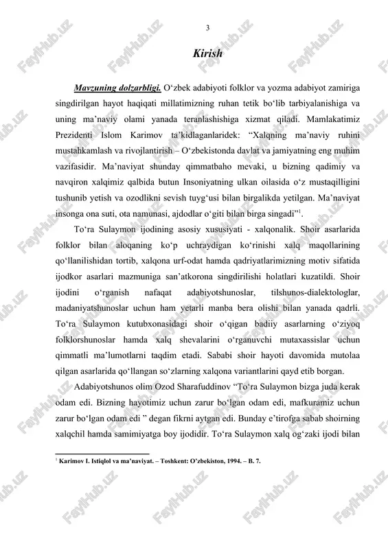 rimovning ma’naviy qadriyatlar, milliy g‘oya va mafkuraga doir asarlaridagi nazariy qarashlarga, n.mallayev, n.karimov, t.mirzayev, g‘.mo‘minov, n.komilov, b.sarimsoqov, i.haqqulov, n.rahimjonov, k.imomov, m.jo‘rayev, i.yormatov, sh.turdimov, u.hamdamov, j.eshonqulov singari o‘zbek adabiyotshunoslarining hozirgi adabiy jarayon, adabiyot nazariyasi, folklorshunoslikka oid tadqiqotlaridagi nazariy fikrlarga tayanildi. mavzuning o‘rganilganlik darajasi. o‘tgan asrning 60 yillarida adabiyot olamiga kirib kelgan to‘ra sulaymonning ijoddagi ilk qadamlari adabiyotshunoslar nazaridan chetda qolmadi. shoirning ilk asarlari to‘g‘risida adabiyotshunos n.karimov1 hamda m.g‘afforovlar tanqidchilikdagi dastlabki fikrlarni bildirdilar. shoir ijodining folklor bilan aloqasi borasida ilk tadqiqni folklorshunos m.g‘afforov amalga oshirdi. uning tadqiqotida to‘ra sulaymon dostonlari g‘oyaviy-badiiy xususiyatlari haqida fikr yuritiladi. folklorshunos l.sharipova2 xx asrning 70-80 yillari adabiyotida folklorizm masalasini o‘rganar ekan, ayrim o‘rinlarda shoir ijodidan misollar havola etadi. adabiyotshunos q.yo‘ldoshev3 shoir ijodi to‘g‘risida o‘z mulohazalarini maqola hajmidagi tadqiqotida bildiradi. tadqiqot obyekti va predmeti. ishda to‘ra sulaymonning 1962-2003 yillarda nashr etilgan to‘plamlariga manba sifatida tayanildi. ushbu to‘plamlardagi she’rlar, dostonlar, baxshiyona termalar, hajviy asarlar, badiiy-publitsistik maqolalar, shoirning shaxsiy arxividagi …