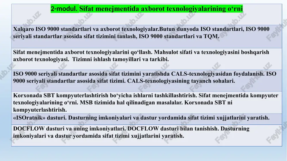 atijasidir, shuningdek, amalga oshirilayotgan harakatlar mavjudligi sharti, mustahkamlash usulidir. axborot hajmi ortishi bilan boshqaruv axborotining sifat ko‘rsatkichlariga bo‘lgan talab ham ortib boradi. menejment jarayoni boshqaruv qarorlarini qabul qilish maqsadida axborot to‘plash, uzatish va qayta ishlash, boshqaruv buyruqlari ko‘rinishida axborot berish va uni ijrochilarga yetkazishdan iborat. axborotning quyidagi turlari mavjud: statistik, operativ, iqtisodiy, hisob, moliya, ta’minot, kadrlar bo‘yicha, texnologik, marketing, konstruktorlik, ijtimoiy va boshqalar. statistik operativ iqtisodiy hisob moliya ta’minot kadrlar bo‘yicha texnologik marketing konstruktorlik ijtimoiy va boshqalar “menejment tizimlarida axborot texnologiyalari” fani talabalarni nazariy bilimlar, amaliy ko‘nikmalar, menejmentning asosiy tushunchalari va menejment tizimlarida axborot texnologiyalarini qo‘llash ko‘nikmasini xosil qilishda muhim hisoblanadi. menejment tizimlarida axborot texnologiyalarini qo‘llash yordamida menejment tizimida tarmoqlardan foydalanish; axborot-qidiruv tizimlarini qurish, korxona yoki tashkilot axborot faoliyatida ma’lumotlarni boshqarish, ma’lumotlarni boshqarishning uchta turi: korxonani yoki tashkilotni, ichki hujjatlarni va axborotlarni boshqarish; axborot manbalarini tashkil etish masalalari, ma’lumotlarni uzatish vositalari, ma’lumotlarni qayta ishlash texnologiyalari, korxona resurslarni boshqarishni o‘rgatishi bilan …