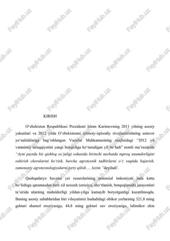 ish sabablarini tahlil qilish 5. havzasining yer usti tuzilishi va tuproq iqlim sharoitlaridan kelib chiqib eroziyaga beriluvchan maydonlar uchun yangi agrotexnik tadbirlar majmuasini qo‘llashga oid ilmiy uslubiy tavsiyalar ishlab chiqish tadqiqot metodlari. tadqiqotni olib borish jarayonida ilmiy-uslubiy adabiyotlarni, kartografik va statistik ma’lumotlarni tahlil qilish va kuzatish metodlari. tadqiqotning metodologik asosi. "o‘zbekiston respublikatsiya konstitusiyasi", "o‘zbekiston tabiatini muhofaza qilish to‘g‘risidagi qonun" "yerlardan oqilona foydanish to‘g‘risidagi qonun", prezidentimiz i.a.karimovning tabiiy resurslardan oqilona foydalanishni tashkil etishga yo‘naltirilgan asarlari va ma’ruzalari ham ularda bayon etilgan yondoshuvlar, mazkur tadqiqot muammosiga oid metodik adabiyotlarga tayanilgan. bitiruv malaka ishining ilmiy yangiligi. yer resurslaridan foylanishning muhim talablaridan biri mavjud yerlaridan foydalanishda yuqori natijalarga erishish texnologiyalaridan foydalanish o‘ziga xos yondoshuvlarni talab etadi. viloyatimizning yaylovlarida lalimikor va obikor yerlarida dehqonchilikda foylanishlarda tabiat va jamiyat qonuniyatlarining o‘zaro aloqadorligini ta’minlash dolzarb mumammolardan biri ekanligi nazariy jihatdan asoslangan yer resurslaridan dehqonchilikda foylanish eroziya jarayonlarining oldini olishga qaratilgan yangi texnologiyalarningn tadbiqiga doir tavsiyalar ishlab chiqilib, …