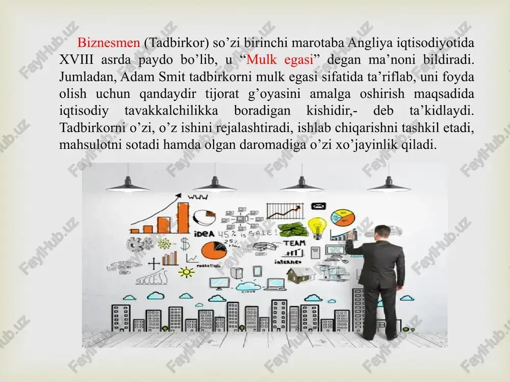 vojlantirish uchun oling. 14. narxning tebranishini kuzatib boring.  biznesning maqsadi, odatda foyda olish va uni barqaror xolga keltirish,foydani muttasil oshirib borish va boyib ketish, foyda hisobiga kapitali kupaytirishdir. bunday foyda biznesning keyingi rivojini va ijtimoiy talablarini qondirishga qaratilgan bo’ladi.  biznesni muvaffaqiyatli bo'lishi uchun ichki va tashqi omillar muhim ro'l o‘ynaydi. ichki omillar tashqi omillar 1. resurslar. 2. tashkiliy tuzilma. 3. mahsulotlar turlari. 1. hukumatning istisodiy yo‘nalishi; 2. mamlakatdagi ayni davrdagi iqtisodiy holat; 3. dunyodagi inqirozli holatlar.  1. resurslar. resurslar - biznesni yuritish uchun kerak bo'ladigan asosiy element. biznes uchun u ko'proq xarajatlar ichida bo'ladi. resurslarga quyidagilar kiradi: yer - bu tabbiy resurslar, yer usti, yer osti boyliklar; ishchi kuchi - bu odamlar, ular ma'lum bir maosh evaziga biznesdagi masalalarni yechishga tayyor shaxslar.; kapital - umumiy qilib aytganda - pul mablag'lari; tadbirkorlik - yoki ishlab chiqarish bilan shug'ullanish. xattoki pul mablag'i, va zaruriy resurslarga(bino, uskunalar, hom-ashyo) ega bo'lgan …