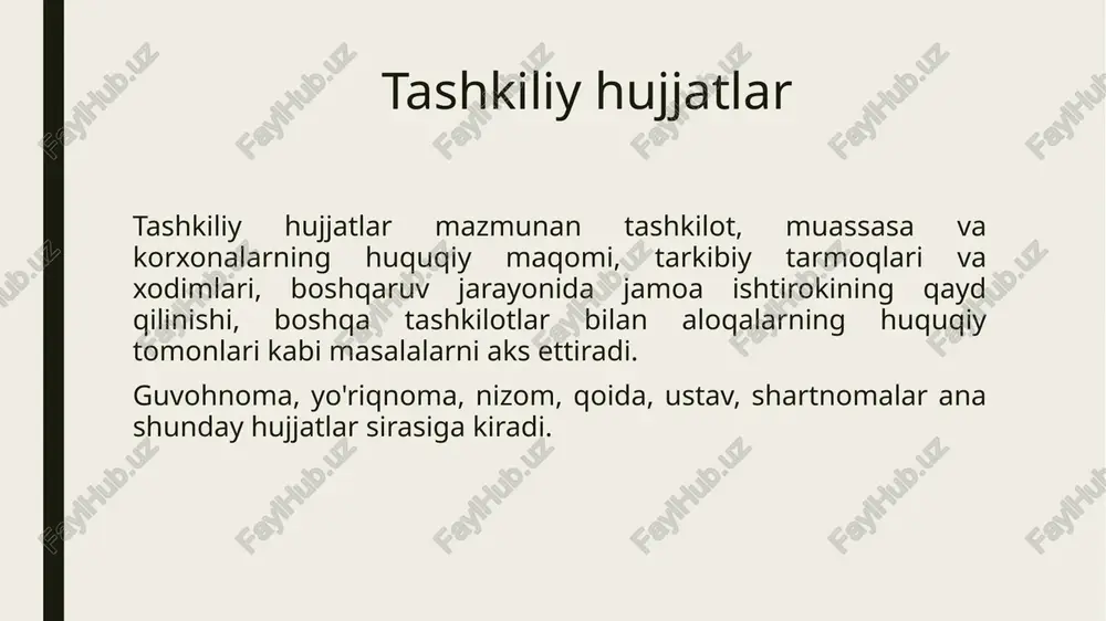 ni yo'naltirib turadigan asosiy nizom va qoidalar majmuidir. ustav biror organ yoki muassasa vazifalari va huquqiy holatini tavsiflaydigan m e’yoriy ahamiyatga ega. binobarin, ustav nizomga nisbatan keng tushunchadir. u ko'proq m a’lum bir tarm oq, sohalar, yirik muassasalar bo'yicha tuziladi. chunonchi, davlat nashriyotlari bo'yicha namunaviy ustav qabul qilingan, shu asosda har bir nashriyot o'z nizomini qabul qiladi. shartnoma ikki yoki undan ortiq tom onlarning fuqarolik huquqlari va majburiyatlarini belgilash, o'zgartirish yoki bekor qilish haqidagi kelishuvidir. boshqacha qilib aytganda, shartnoma tomonlarning biron-bir munosabatlar o'rnatish haqidagi kelishuvi (bitimi)ni qayd etuvchi va munosabatlarni tartibga soluvchi hujjatdir. shartnoma to'g'risidagi umumiy qoidalar o'zbekiston respublikasining fuqarolik kodeksi (353-385-moddalar)da bayon etilgan. shartnoma davlat yoki nodavlat, jamoat tashkilotlari, korxonalar, muassasalar, shuningdek, fuqarolar o'rtasida tuzilishi mumkin. shartnoma munosabatlari muassasa bilan ayrim shaxs yoki shaxslar o'rtasida o'rnatilayotgan bo'lsa, bunda tuzilajak hujjat aksar hollarda mehnat bitimi deb ataladi. shartnomada tomonlar bajarishi lozim bo'lgan shartlar va boshqa majburiyatlar ko'rsatiladi. ba’zi shartnomalarda olingan …