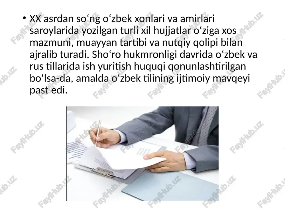 ton respublikasi prezidenti, o‘zbekiston respublikasi vazirlar mahkamasi, oliy majlis, qonunchilik palatasi, oliy majlis senati, siyosiy partiyalar, davlat hokimiyat organi, qishloq fuqarolar yig‘ini, saylovoldi tashviqoti, o‘zbekiston ekologik harkati, «kamolot» yoshlar harakati, qonun ijrosi, konstitutsiyaviy tuzum, davlat tuzilishi, siyosiy institutlar, milliy xolding kompaniyasi singari turg‘un birikmalar ham mustaqillik davri o‘zbek tili taraqqiyotining mahsulidir. e'tiboringiz uchun raxmat image1.jpeg image2.jpeg image3.jpeg image4.jpeg image5.jpeg image6.jpeg image7.jpeg