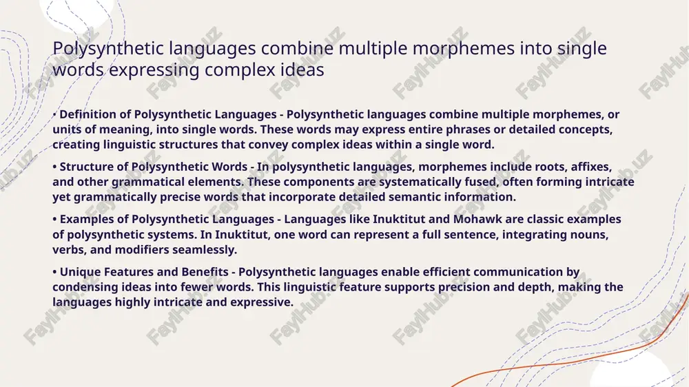 ms - languages like inuktitut or mohawk demonstrate these traits. a single word can embody what would require a full sentence in english, showcasing their efficiency. • summary on affixes and complexity - polysynthetic languages use affixes to build nuanced meanings. their structure integrates linguistic complexity into single-word forms, enabling concise communication. understanding polysynthesis helps study linguistic diversity and structure • polysynthesis as a linguistic feature - polysynthesis refers to the occurrence of complex word formation, where single words can contain numerous morphemes. this structure enables languages to express entire sentences using one word, showcasing unique linguistic systems. • examples of polysynthetic languages - languages like mohawk and inuktitut exhibit polysynthesis, embedding subjects, objects, and actions within words. exploring such languages provides insight into diverse grammatical systems worldwide. polysynthetic languages require detailed morphological analysis • introduction to polysynthesis - polysynthetic languages combine multiple morphemes into a single word, often expressing …