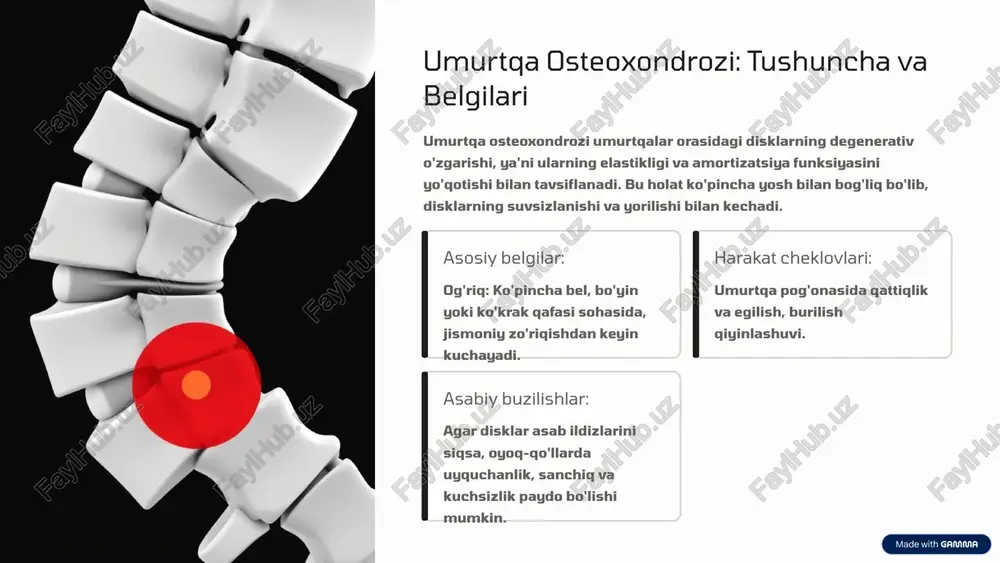 bir qator diagnostika usullari qo'llaniladi: rentgenografiya: suyak o'zgarishlari, osteofitlar va umurtqa pog'onasining deformatsiyasini aniqlash. magnit-rezonans tomografiya (mrt): disklar, bog'lamlar va orqa miyani chuqur tahlil qilish, nerv siqilishlarini aniqlash. kompyuter tomografiyasi (kt): suyak tuzilmalari va osteofitlarning batafsil tasvirini olish. fizik tekshiruv: shifokor tomonidan og'riq joylari, harakat cheklovlari va asab reaksiyalarini baholash. klinik ko'rinishlar kasallikning turiga va bosqichiga qarab farq qiladi, lekin ko'pincha og'riq, qattiqlik va harakat cheklovlarini o'z ichiga oladi. 7 davolash strategiyalari: konservativ va jarrohlik yondashuvlar umurtqa kasalliklarini davolash har bir bemorning ahvoliga qarab individual yondashuvni talab qiladi. davolash odatda konservativ usullardan boshlanadi, og'irroq holatlarda jarrohlik aralashuvi ko'rib chiqiladi. dorilar: yallig'lanishga qarshi vositalar, og'riq qoldiruvchilar va mushak relaksantlari og'riqni kamaytirish va yallig'lanishni nazorat qilish uchun qo'llaniladi. fizioterapiya: maxsus mashqlar, tortish usullari va massaj umurtqa pog'onasini mustahkamlash va harakatni yaxshilashga yordam beradi. turmush tarzini o'zgartirish: to'g'ri ovqatlanish, vaznni nazorat qilish va ergonomik sharoitlarni yaxshilash. bu muhim. jarrohlik: konservativ davolash samara bermaganda, …