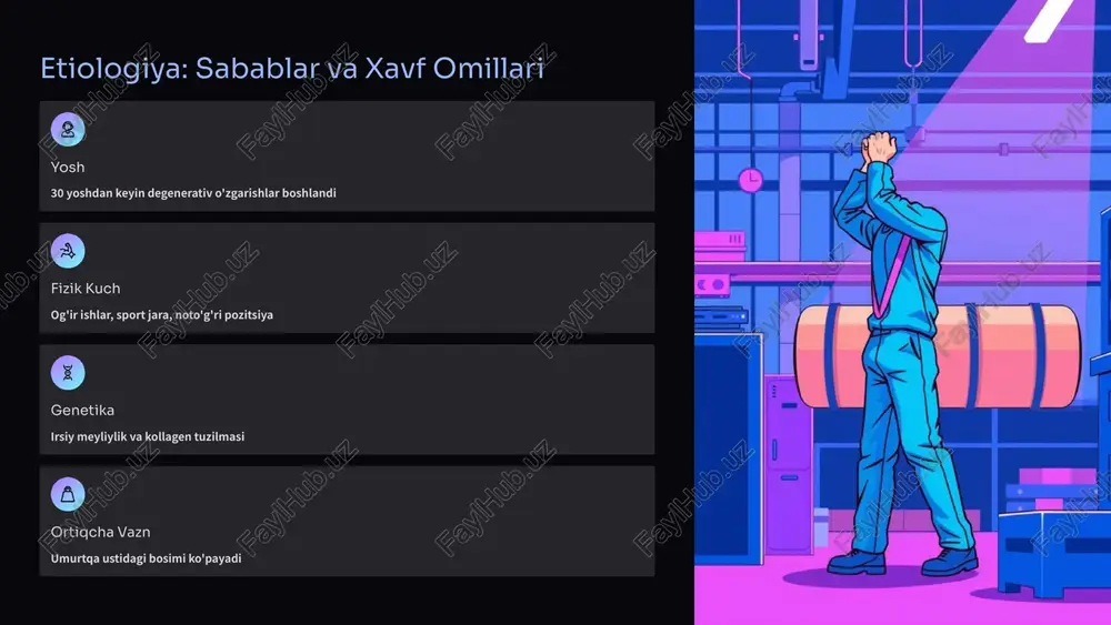 s va davolash klinik belgilari ko'rilganda darhol shifokorga murojaat qilish, mrt va rentgen orqali tasdiqlash, vaqti bilan konservativ davolash boshlash kasallik progressiyasini to'xtatadi. 3 sog'lom turmush va profilaktika noto'g'ri pozitsiyani oldini olish, muntazam haraka, sog'lom vazni saqlash va ergonomikani to'g'ri tashkillash kasallikning oldini olish yoki rivojlanishini sekinlatrishda muhim. 10 image-1002-1.png image-1002-2.png image-1-1.png image-1003-1.png image-1003-2.png image-2-1.png image-1004-1.png image-1004-2.png image-3-1.png image-3-10.svg image-3-11.png image-3-12.png image-3-13.svg image-3-2.png image-3-3.png image-3-4.svg image-3-5.png image-3-6.png image-3-7.svg image-3-8.png image-3-9.png image-1005-1.png image-1005-2.png image-4-1.png image-4-2.png image-4-3.png image-4-4.png image-1006-1.png image-1006-2.png image-5-1.png image-1007-1.png image-1007-2.png image-6-1.png image-1008-1.png image-1008-2.png image-1009-1.png image-1009-2.png image-8-1.png image-1010-1.png image-1010-2.png image-9-1.png image-9-2.png image-9-3.svg image-9-4.png image-9-5.svg image-9-6.png image-9-7.svg image-9-8.png image-9-9.svg image-1011-1.png image-1011-2.png image-10-1.png
