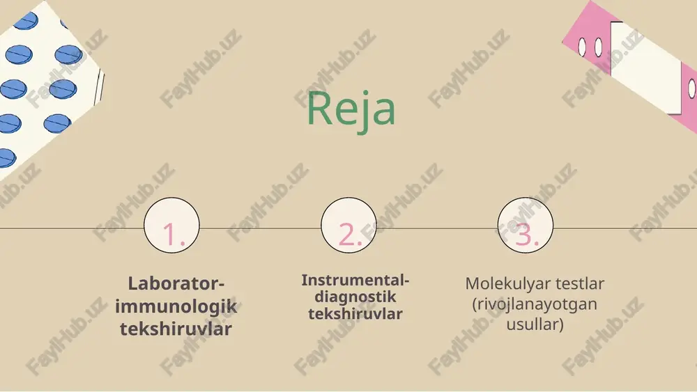 uchraydi. anti-ccp (anti-cyclic citrullinated peptide) → ra uchun eng yuqori spesifik (95% gacha) marker. → kasallikning og‘ir kechishini prognoz qiladi. 5. umumiy laborator testlar soe, crp – yallig‘lanish markerlari komplementlar (c3, c4): sleda kamayadi → faollik belgisi mushak fermentlari (ck, ldh, aldolaza): polimiozitda ko‘tariladi siydik tahlili: sle nefriti uchun (proteinuriya, gematuriya) ii. instrumental-diagnostik tekshiruvlar 1. kapillyaroskopiya ta’rifi: barmoq uchi kapillyarlarini maxsus mikroskop ostida ko‘rish. ayniqsa raynaud sindromida qo‘llaniladi. klinik ahamiyati: sklerodermiyada: kapillyarlar deformatsiyasi, g‘ayritabiiy tuzilma, mikroinfarktlar afzalligi: oddiy, invaziv emas erta bosqichda vaskulyar o‘zgarishlarni aniqlaydi 2. mushak va teri biopsiyasi qachon kerak? polimiozit, dermatomiozitda — mushak biopsiyasi sklerodermiya yoki sleda — teri biopsiyasi maqsad: yallig‘lanish, nekroz, fibroz o‘zgarishlarni histologik aniqlash 3. rentgen, mri, kt mri: mushak yallig‘lanishini (edema, atrofiya) aniqlaydi kt (hrct): o‘pka fibrozini erta aniqlash (sklerodermiya, sle) bo‘g‘im rentgeni: rada bo‘g‘im eroziyasi, sinovit 4. ultrasonografiya (usg) bo‘g‘im ultratovush tekshiruvi: sinovit, effuziya, osteofitlar so‘lak bezlari usg: sjogren sindromida bezlarning kichrayishi, …