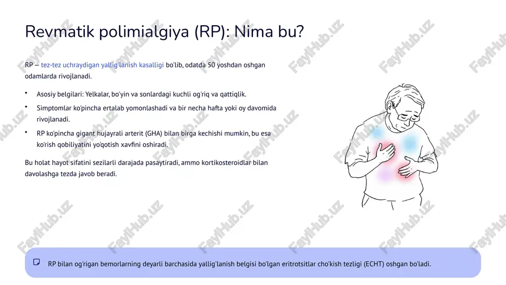 reksat, xurujlar chastotasini kamaytirish va ra rivojlanishini sekinlashtirish uchun qo'llaniladi. doimiy monitoring bemorning holatini, ayniqsa ra ga o'tish belgilarini (masalan, acpa darajasini) muntazam ravishda kuzatish zarur. 8 rp va prni farqlash: asosiy omillar bu ikki kasallikning o'xshashliklariga qaramay, ularning farqlari diagnostikada hal qiluvchi ahamiyatga ega. yallig'lanish xususiyati doimiy, surunkali (davolashsiz) epizodik, takrorlanuvchi, qisqa muddatli asosiy shikoyat joyi yelka/son belbog'larida qattiqlik va og'riq bo'g'imlarda og'riq va shish (har qanday bo'g'imda) yallig'lanish testlari echt/sro doimiy ravishda yuqori xuruj vaqtida yuqori, keyin normal boshlanish yoshi odatda > 50 yosh har qanday yoshda, ko'pincha 20-50 yosh 9 yakuniy xulosalar aniq diagnostika muhim rp va prni to'g'ri farqlash optimal davolash va raga o'tish xavfini boshqarish uchun zarur. rp: steroidlarga tez javob rp odatda past dozali kortikosteroidlar bilan tez va samarali davolanadi, bu esa bemorning prognozini sezilarli darajada yaxshilaydi. pr: uzoq muddatli nazorat prda koad (masalan, gidroksixloroxin) bilan uzoq muddatli davolash xurujlar sonini kamaytiradi va kasallikning …