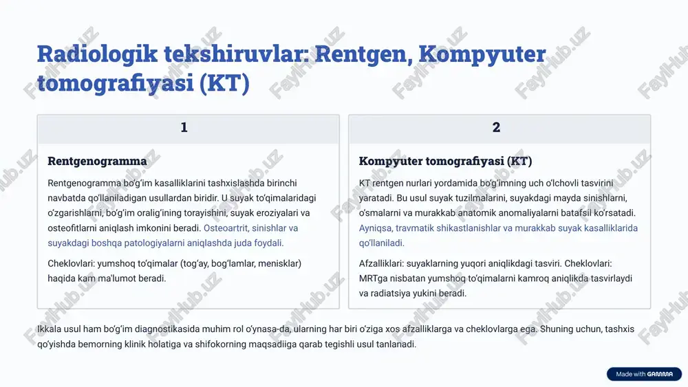 igan kasalliklarini ham aniq tashxislash imkonini beradi. mrt ning bu imkoniyatlari shifokorlarga kasallikning aniq joylashuvini, darajasini va turini aniqlashda yordam beradi, bu esa samarali davolash rejasini tuzish uchun hal qiluvchi ahamiyatga ega. 4 ultrasonografiya (uzi): yumshoq to'qimalarni baholash ultrasonografiya (uzi) bo‘g‘imlarni tekshirishda tezkor, xavfsiz va radiatsiya yukisiz usul hisoblanadi. uning yordamida yumshoq to‘qimalar, masalan, paylar, bog‘lamlar, mushaklar, menisklar va bo‘g‘im kapsulasining holatini baholash mumkin. uzi ayniqsa sirtqi joylashgan bo‘g‘imlarni (yelka, tizza, bilak, to‘piq) tekshirishda juda qulay. dinamik tekshiruv: uzi ning eng katta afzalliklaridan biri, bo‘g‘imni harakat holatida tekshirish imkoniyatidir. bu shifokorga bog‘lamlar va paylarning harakatdagi funksiyasini baholashga, harakat paytidagi muammolarni aniqlashga yordam beradi. masalan, rotator manjetining yorilishini harakat davomida aniqlash mumkin. yallig‘lanish jarayonlarini aniqlash: uzi yordamida sinovial qavatning yallig‘lanishi (sinovit), bo‘g‘im ichidagi suyuqlik to‘planishi (effuziya) va bursitlar aniq ko‘rinadi. bu ayniqsa revmatoid artrit kabi yallig‘lanishli kasalliklarni monitoring qilishda muhim. igna biopsiyasi va in'eksiyalar: uzi nazorati ostida bo‘g‘im ichiga dori vositalarini …
