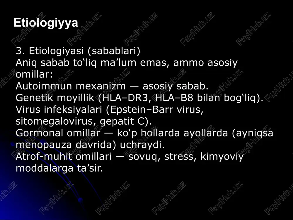 rvarishlash. 🔹 immunosupressiv davo: gks (prednizolon, metilprednizolon). dmards – metotreksat, azatioprin, siklosporin. biologik terapiya – rituksimab (anti-cd20). nsaid – bo‘g‘im og‘rishida. antifungal yoki antibakterial vositalar – ikkilamchi infeksiyalarda. ayollar uchun vaginal namlovchilar (estrogenli gellar). asoratlar: kseroftalmiya → kornea shikastlanishi og‘iz infeksiyalari, tish kariesi buyrak zararlanishi (interstitsial nefrit) o‘pka fibroz limfoma (malt limfoma) rivojlanish xavfi ↑ prognoz: sekin rivojlanadi, lekin surunkali va umrbod davom etadi. yaxshi parvarish va davo bilan hayot sifati saqlanadi. yomon belgi – limfoma yoki og‘ir tizimli zararlanish paydo bo‘lishi.