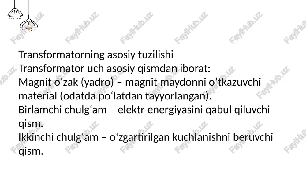 samaradorligi va energiya sarfini ko'rib chiqing va energiya sarfini kamaytirish va iqtisodiy samaradorlikni oshirish uchun energiya samaradorligi yuqori bo'lgan mahsulotlarni tanlang. enter title enter title enter title enter title contents 4. himoya choralari va xavfsizlik:tanlangan transformatorning quvvat tizimining xavfsiz ishlashini ta'minlash uchun haddan tashqari yukdan himoya qilish, qisqa tutashuvdan himoya qilish va izolyatsiyadan himoya qilish funktsiyalariga ega bo'lishini ta'minlang. enter title enter title enter title enter title contents 5. brend va sotishdan keyingi xizmat:tanlangan transformator sifati ishonchli bo'lishini ta'minlash va sotishdan keyingi yaxshi yordam olish uchun yuqori sifatli brend mahsulotlarini tanlang va ularning sotuvdan keyingi xizmat ko'rsatish siyosatini tushuning. enter title enter title enter title enter title contents enter title enter title enter title enter title contents enter title enter title enter title enter title contents transformatorlarning qo‘llanilishi elektr energiyasini uzatishda – elektr stansiyalaridan uzoq masofaga energiya yetkazish uchun. maishiy texnikada – televizor, zaryadlovchi qurilmalar, mikroto‘lqinli pechlar. payvandlash apparatlarida – …