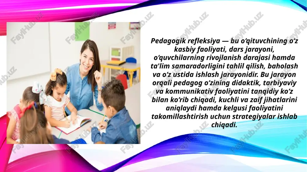 rslarni kuzatish va muhokama qilish orqali o‘zaro o‘rganish imkoniyatiga ega bo‘ladilar. bunday professional muloqot refleksiya uchun tabiiy platforma bo‘lib xizmat qiladi. pedagogik refleksiya o‘qituvchining shaxsiy va kasbiy rivojlanishining ajralmas qismidir. o‘z faoliyatini tanqidiy baholay oladigan, xatolarini tan olishdan cho‘chimaydigan o‘qituvchi – haqiqiy mutaxassisdir. bu yondashuv o‘qituvchini doimiy o‘zgaruvchan ta’lim muhitiga moslashuvchan, zamonaviy bilimlarga ochiq va innovatsion fikrlashga tayyor bo‘lishga undaydi. dars maqsadlariga erishildimi? o‘quvchilar qanday bilim va ko‘nikmalarni egalladi? dars jarayonida qanday muammolar yuzaga keldi va ular qanday hal etildi? kelgusi darslarni yaxshilash uchun nima qilish kerak? pedagogik refleksiya orqali o‘qituvchi quyidagi savollarga javob izlaydi: xulosa qilib aytganda, pedagogik refleksiya — bu o‘qituvchining professional o‘sishining negizi, ta’lim sifatining garovi va o‘quvchi shaxsini rivojlantirishda muhim vositadir. uni muntazam ravishda qo‘llash pedagogni yangicha fikrlashga, o‘zgaruvchan ta’lim muhitiga moslashishga va kasbiy faoliyatidan mamnun bo‘lishga olib keladi. xulosa: foydalanilgan adabiyotlar: axmedova, n. q., & yo‘ldoshev, a. n. (2020). pedagogik texnologiyalar va pedagogik mahorat asoslari. …