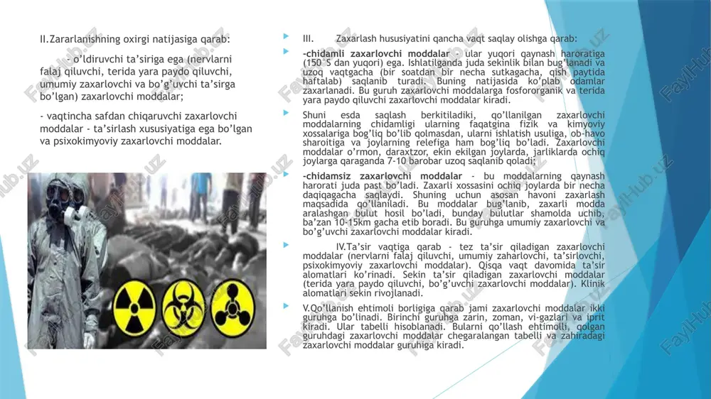 da kimyoviy qurol ta’sirida odamlar, hayvonlar va o’simliklarning ommaviy zararlanishi tushuniladi. nervlarni falajlash ta’siriga ega bo’lgan zaxarlovchi moddalar - hozirgi vaqtda hamma zaxarlovchi moddalar ichida eng kuchli va tez o’limga sabab bo’luvchi modda bo’lib hisoblanadi. bular qaysi usullar bilan organizmga tushishidan qat’iy nazar insonni zararlaydi, hatto shikastlanmagan teri va shilliq pardalarga tushganda ham. boshqa zaxarlovchi moddalardan farqli o’laroq, fosfororganik moddalar rangsiz va hidsiz. shuning uchun odam ko’pincha himoya vositalarini kiyishga kechikadi. nervlarni falajlash ta’siriga ega zaxarlovchi moddalarning o’ziga xos xusisiyatlari: - zaxarlanishning klinik manzarasi tezda rivojlanadi. - bu zaxarlovchi moddalar organizmga tushganda teri qavatlarida va shilliq pardalarda hech qanday mahalliy o’zgarishlar yuzaga chiqmaydi. - zaxarlovchi moddalar teri orqali organizmga tushishi teriga tezda kimyoga qarshi shaxsiy paket bilan ishlov berishni talab qiladi. zararlangan kishilarga 5 daqiqa orasida ishlov berish o’tkazilsa yaxshi natija beradi. - bu zaharlovchi moddalar ta’siri natijasida kelib chiqqan bronxoreya, bronxospazm, gipoksiya holatlari va so’lakninig mo’l ajralib chiqishi himoya …