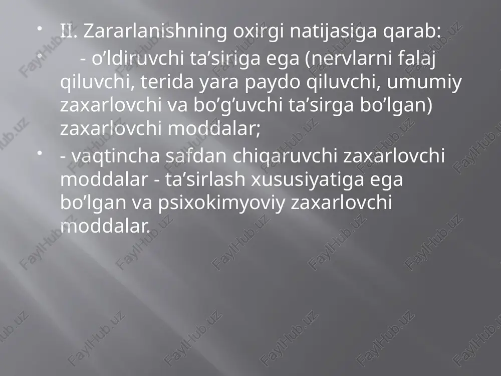 ovchi moddalar ta’sirining zararlanuv alomatlari subyektiv ko’rinmaydi. 1) kimyoviy zararlanish o’chog’i kartaga (chizmaga) razvedka ma’lumotlari to’liq olib bo’lingandan so’ng chizib ko’rsatiladi va zaxarlovchi moddalar bulutining taxminiy ichkariga tarqalishi ham 2) zaxarli kontsentratsiyada zaxarlovchi moddadan zaxarlangan atmosfera bulutining tarqalish chuqurligi (ichkariga tarqalishi) taxminan aniqlanadi. da uning turg’unligi ko’rsatiladi. e’tiboringiz uchun raxmat  image2.jpeg /docprops/thumbnail.jpeg