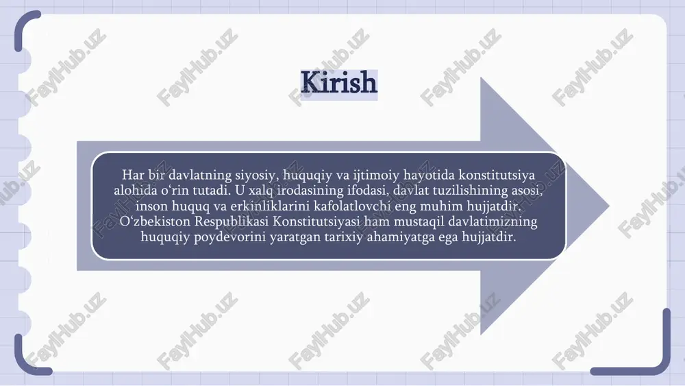 i yangi ijtimoiy- siyasi tizimlar, huquqiy asoslar yaratib, davlat boshqaruvi va iqtisodiy rivojlanishni ta’minlashga xizmat qiladi. konstitutsiyaning umumiy tuzilishi va boblari konstitusiya preambula, asosiy qoidalar va turli boblardan iborat bo‘lib, davlatning tuzilishi, fuqarolarning huquq va erkinliklari, prezident, qonunchilik va sud hokimiyati vakolatlari, mahalliy boshqaruv va iqtisodiyot sohalarida asosiy tamoyillarni belgilaydi. har bir bob davlat organlarining funksiyalari va ularning o‘zaro munosabatlarini tartibga solish, shuningdek, huquqiy kafolatlar va majburiyatlarni aniq belgilashga xizmat qiladi. konstitutsiyaning aniq tuzilishi davlat boshqaruvining samarali va barqaror ishlashini taʼminlashga qaratilgan. konstitutsiyaning asosiy tamoyillari, suverenitet va qonun ustuvorligi konstitutsiya oʻzbekistonni suveren, demokratik va qonun ustuvorligiga asoslangan davlat deb eʼlon qiladi. bu tamoyillar davlat hokimiyati organlari faoliyatini chegaralab, huquqiy demokratik islohotlar va fuqarolik jamiyatini rivojlantirish uchun poydevor yaratadi. suverenitetning taʼkidlashi mamlakatning ichki va tashqi siyosatida mustaqil qarorlar qabul qilish imkoniyatini kafolatlaydi, qonun ustuvorligi esa barcha organlar va fuqarolar oldida qonuniy izchillikni taʼminlaydi. o‘zbekiston respublikasi konstitutsiyasi 6 bo‘lim, 26 bob va …
