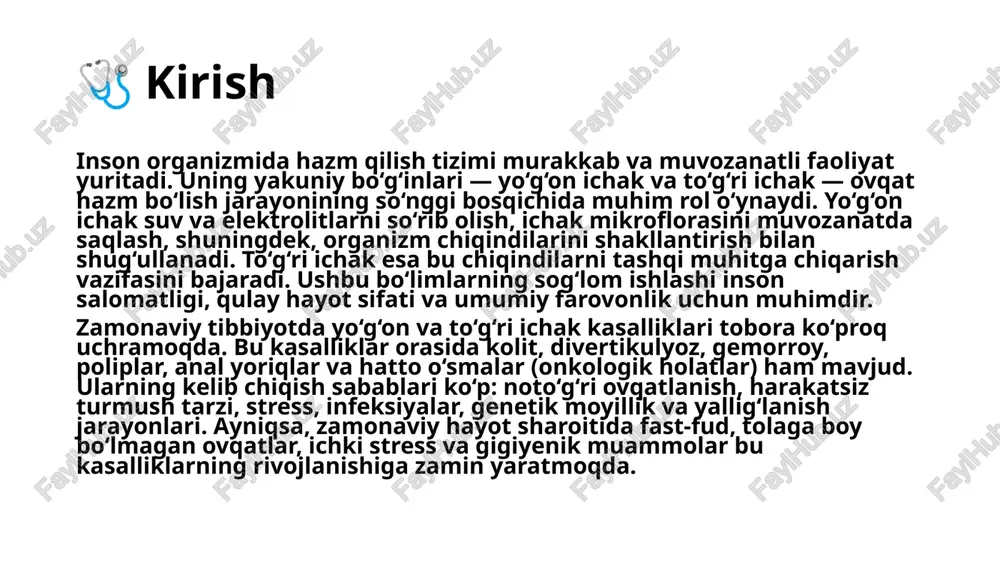 bo‘lishi mumkin. 🧬 asosiy kasallik turlari: - gemorroy — to‘g‘ri ichak venalarining kengayishi va yallig‘lanishi. ichki va tashqi shakllari mavjud. belgilari: qon ketishi, og‘riq, qichishish, tugunlarning chiqib qolishi. - proktit — to‘g‘ri ichak shilliq qavatining yallig‘lanishi. sabablari: infeksiyalar, parazitlar, autoimmun kasalliklar, radiatsiya ta’siri. - anal yoriqlar — orqa chiqaruv teshigi atrofida paydo bo‘ladigan chuqur yoriqlar. belgilari: najas chiqarishda kuchli og‘riq, qon ketishi, spazmlar. - to‘g‘ri ichak poliplari va o‘smalari — shilliq qavatda o‘suvchi tuzilmalar. ayrim poliplar xavfsiz bo‘lsa-da, ba’zilari malign (saraton) o‘sma rivojlanishiga olib kelishi mumkin. ⚠️ belgilari: - qonli najas yoki qon ketishi - og‘riq va noqulaylik hissi - ich ketishi yoki qabziyat - tugunlarning chiqib qolishi (gemorroyda) 🔍 tashxis: - rektoskopiya, anoskopiya, kolonoskopiya - biopsiya (zarur hollarda) - laborator tahlillar (najastdagi yashirin qon, yallig‘lanish belgilarini aniqlash) to‘g‘ri ichak kasalliklari ko‘pincha uyat yoki e’tiborsizlik sababli kech tashxislanadi. ammo erta aniqlansa, ularni davo qilish osonroq va samaraliroq bo‘ladi. shuning uchun …