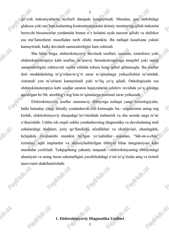 ing yakuniy maqsadi—elektrokimyaning tibbiyotdagi ahamiyati va uning inson salomatligini yaxshilashdagi o‘rni to‘g‘risida aniq va tizimli tasavvurni shakllantirishdir. 1. elektrokimyoviy diagnostika usullari elektrokimyoviy diagnostika usullari zamonaviy tibbiyotda patologik holatlarni aniqlash, fiziologik jarayonlarni monitoring qilish va turli moddalar konsentratsiyasini aniq o'lchash imkonini beruvchi fundamental ahamiyatga ega bo'ldi. ushbu usullarning asosiy afzalligi shundaki, ular tezkor, yuqori aniqlikdagi va ko'pincha minimal invaziv yoki umuman invaziv bo'lmagan o'lchovlarni taqdim etadi. elektrokimyoviy diagnostikaning eng keng tarqalgan shakli ion-selektiv elektrodlar hisoblanadi. bu qurilmalar ma'lum bir ion turiga nisbatan sezgir bo'lgan maxsus membranalar bilan jihozlangan bo'lib, ular qon, siydik, ter yoki boshqa biologik suyuqliklardagi ionlar, masalan, kaliiy (k⁺), natriy (na⁺), kalsiiy (ca²⁺), xlorid (cl⁻) va vodorod (h⁺) ionlarining faolligini o'lchashga imkon beradi. masalan, qon plazmasidagi kaliiy darajasining o'zgarishi yurak ritimining buzilishlariga olib kelishi mumkin, shuning uchun uni doimiy monitoring qilish hayotiy ahamiyatga ega. shunga o'xshab, qandli diabetni boshqarishda qon glukoza darajasini o'lchash uchun ishlatiladigan glukometrlar ham elektrokimyoviy printsip …