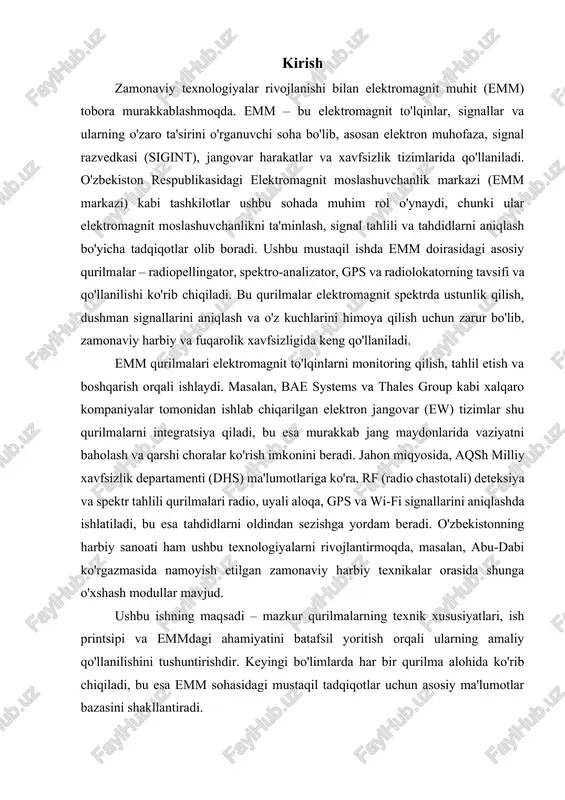 v va nazorat qurilmalarining asosiy vazifalari o‘lchov qurilmalari (masalan, spektr analizatorlari, emissiya detektorlar, immunitet test generatorlari) emc muammolarini aniqlash va miqdoriy baholash uchun ishlatiladi. ular quyidagi jarayonlarda qo‘llaniladi: · emissiya o‘lchovi: qurilmalardan chiqadigan istalmagan signallarni (masalan, 10 khz dan 40 ghz gacha chastotalarda) aniqlash. masalan, ochiq havo test maydonchalarida (oats) yoki anexoid kameralarda 1–10 m masofada o‘tkaziladigan testlar orqali radiatsion va o‘tkazuvchan emissiyalar o‘lchanadi. · immunitet baholash: qurilmalarning tashqi aralashuvlarga (masalan, 100–200 v/m maydon kuchi yoki 4–8 kv esd – elektrostatik zaryad) chidamliligini tekshirish. bu testlar iec 61000-4-2 standartiga asosan o‘tkaziladi va qurilmalarning nosozliksiz ishlashini ta’minlaydi. · aralashuv yo‘llarini tahlil: qurilmalardagi shovqin manbalarini (masalan, pcb platalaridagi sig‘imli aralashuv) aniqlash va ularni kamaytirish uchun filtrlash yoki ekranlashni taklif etish. nazorat qurilmalari esa (masalan, filtrlash tizimlari, ekranlash modullari va monitoring dasturlari) o‘lchov natijalariga asoslanib, real vaqtda emi ni boshqaradi. ular emissiya manbalarini cheklash (masalan, kabellarni qayta yo‘naltirish), qoplama yo‘llarini zaiflashtirish (masalan, er …