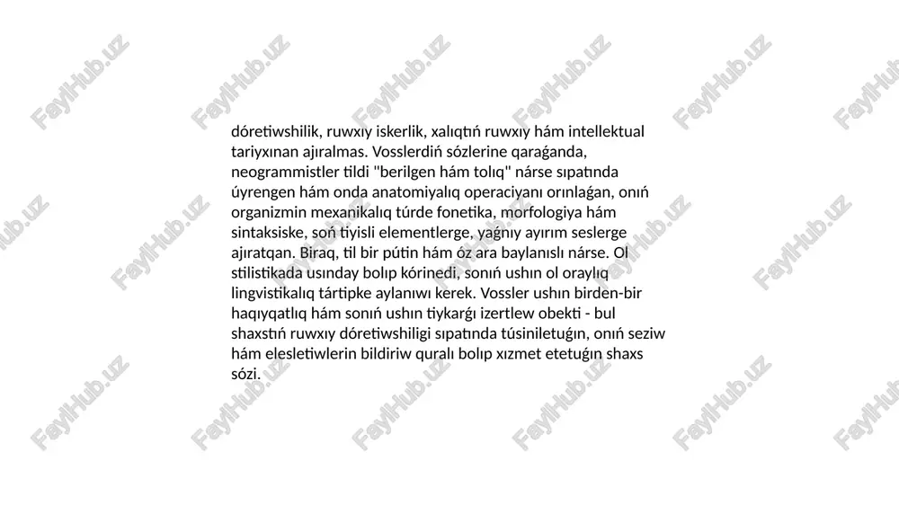 lengen franciya mádeniyatı," 1913, 1929-jılı "franciya mádeniyatı hám tili" atı menen qayta basılǵan). ol tildin din, ilim hám poeziya menen baylanısın, sonday-aq, tildin hár qıylı lingvistikalıq jámáátlerdegi hár qıylı wazıypaların ("tildegi ruwx hám mádeniyat") úyrenedi. vosslerdiń tariyxıy hám ádebiy izertlewleri italyan, francuz hám ispan ádebiyatı (hám ómiriniń sońǵı jıllarında qubla hám oraylıq amerika ádebiyatları) tariyxındaǵı eń áhmietli dáwirlerdi hám bul ádebiyatlardıń eń iri wákilleriniń dóretiwshiligin óz ishine aladı. e. i. mektebi sanı az; onıń quramına roman tilleri hám ádebiyatlarına qánigelesken bir qansha jetekshi filologlar kiredi: l. spicer, x. xacfeld, e. lerx, l. olshki, v. klemperer hám basqalar. vosslerdiń til haqqındaǵı ayırım ulıwma filosofiyalıq kózqarasların bólisiw menen birge, olar kórkem ádebiyat stilistikası hám roman lingvistikası, birinshi gezekte, sintaksis hám stilistika mashqalaların úyreniwge ózleriniń jantasıwların taptı. spicerdin orta ásirlerden xx ásirge shekem jazıwshılar tili hám stiline bagishlangan shigarmaları roman filologiyası hám stilistikasınıń rawajlanıwına úlken tásir kórsetti. spicerdin "sóz jasalıwı stilistikalıq qural sıpatında" …