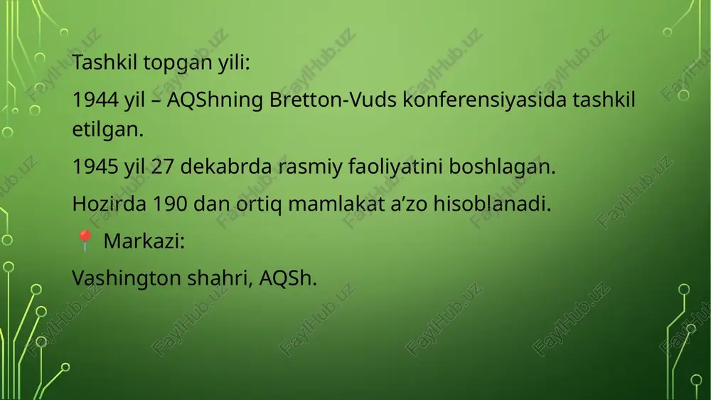 qoʻllab-quvvatlash, ya’ni xususiy biznesni rivojlantirish orqali iqtisodiy o‘sish va bandlikni oshirishdir. ifcning asosiy funksiyalari: 1. moliyaviy yordam ko‘rsatish 2. xususiy investitsiyalarni rag‘batlantirish 3. atrof-muhit va ijtimoiy barqarorlikni ta’minlash 5.islom taraqqiyot banki (isdb – islamic development bank) tashkil topgan yili: 1975-yil tashkil etilgan joyi: jidda shahri, saudiya arabistoni a’zolari soni: 57 ta musulmon mamlakati (shu jumladan oʻzbekiston ham aʼzo 2003 yil). islom taraqqiyot bankining maqsadi: isdbning asosiy maqsadi — aʼzo davlatlarda iqtisodiy va ijtimoiy taraqqiyotni islomiy tamoyillar asosida qoʻllab-quvvatlashdir. ya’ni, bank foizsiz (ribo) moliya tizimi asosida ishlaydi va shariat qoidalariga mos loyihalarni moliyalashtiradi. isdbning asosiy funksiyalari: 1. rivojlanish loyihalarini moliyalashtirish 2. a’zolar o‘rtasidagi iqtisodiy hamkorlikni rivojlantirish 3. ta’lim va inson kapitaliga sarmoya 4. gumanitar yordam 6. osiyo taraqqiyot banki (otb – asian development bank, adb) tashkil topgan yili: 1966-yil tashkil etilgan joyi: manilla shahri, filippin a’zolari soni: 68 ta mamlakat (shu jumladan oʻzbekiston ham aʼzo 1995 yil). asosiy tillar: ingliz tili …