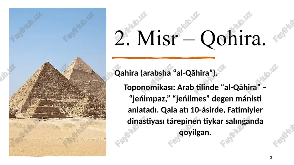 dıń karxum sózinen kelip shıqqan bolıp “dáryalar ushrasatuǵın orın”degen manisti anlatqan.xalq etimalogiasina kore bul sóz arab tilinen alnǵan bolıp aq nil hm kók nil arasında jaylasqan jerdi bildirgen. 12. kenya nairobi-kenya paytaxtı.mámlekettiń oraylıq –qubla bóliminde jaylasqan.nairobi ataması masay xalqıniń tilinen kelip shıqqan bolıp bul atama “suwıq suwlar ornı degen manisti ańlatadi . 13. tanzaniya dodoma-tanzaniya paytaxti. mamlekettiń oraylıq bólominde jaylasqan dodoma sozi gogo qawimi tilinen kelip shıqqan bolıp bul sóz jıǵilǵan jer degen manisti ańlatadı. xalq etimalogiyasina kóre áyyemde bul jerde adam dáryadan ótkende jıǵılıp túsken hám usı waqıya tiyjarında atalǵan. qala 1907 jilı germaniya kaloniyashilari tárepinen temir jol stansiyasi sipatında tiykar salınǵan. 14. efiofiya addis –abeba –efiofiya paytaxtı. mámlekettiń oraylıq boliminde jaylasqan. atama amxar tilinde jańa gúl degen manisti ańlatadı. 1886-jılı imperator menelik ii nıń hayali taytu betul bul aymaqta issi bulaqlardi tawip qala qurdirǵan . keyinsheli but jańa gúller kósetuǵin jer dep atalıp ketken topar shaxnoza miyirbek aysultan …