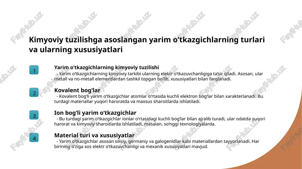 uraning ta’siri - yarım oʻtkazgichlarning kristall strukturasining tartibligi va defektlari elektronlarning harakatiga ta’sir qiladi, bu esa oʻtkazuvchanlik darajasini belgilaydi. 3 molekulyar bogʻlanishlar - kimyoviy bogʻlanishlar va atomlararo kuchlar yarim oʻtkazgichlar strukturasi va elektr oʻtkazuvchanligini belgilaydi, qatlamli va amorf holatlar orasidagi farq muhim. 4 elektr oʻtkazuvchanlik va texnologiya - elektr oʻtkazuvchanligi, strukturaviy xususiyatlar bilan birga, yarim oʻtkazgichlarning ishlab chiqarish va texnologik qoʻllanilishida asosiy omildir. moddalar guruhlariga koʻra yarim oʻtkazgichlarning taqsimoti va amaliy qoʻllanilishi 1 yarim oʻtkazgichlarning modda bo'yicha taqsimoti yarim oʻtkazgichlar moddalar guruhlariga (metallar, yarim oʻtkazgichlar va izolyatorlar) bo‘linadi. har bir guruh o‘zining elektr oʻtkazuvchanligi va qo‘llanilish sohalariga ega. 2 materiallarning kimyoviy tarkibi moddalar guruhlariga qarab, yarim oʻtkazgichlar odatda kovalent, ionic yoki metall bog‘lanishlarga asoslangan. bu tarkib ularning elektr xususiyatlariga ta’sir qiladi. 3 amaliy qo‘llanilish sohalari modda guruhlariga asoslangan yarim oʻtkazgichlar, masalan, silikon va germaniy, elektronika, optoelektronika va energiya texnologiyalarida keng qo‘llaniladi. 4 zamonaviy texnologiyalar modda guruhlariga bo‘lingan yarim oʻtkazgichlar, yuqori …