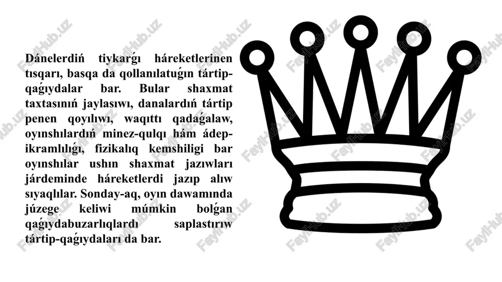 oladı. rásmiy shaxmat qaģıydaları aq rende kim oynawın anıqlaw tártibin belgilemeydi. anıq bir qarar turnirge tán qaǵıydalarǵa (máselen, shveycariya sistemasındaǵı turnir yamasa dóńgelekli turnir) yamasa básekisiz oyın bolsa, óz-ara kelisim boyınsha ámelge asırıladı. básekessiz oyınlarda bul jaǵdayda kóbinese tosattan tańlaw qollanıladi. ulıwma usıl - bir adam hár bir reńnen bir dananı (ádette piyadanı) eki qolında jasıradı, qarsılası bolsa tańlaydı, keyin ashılgan dananıń reńinde oyın baslanadı. shaxmattıń hár bir danası ózine tán háreketleniw usılına iye. dona bas kvadratqa júredi. bunnan tısqarı, qarsılasınıń danasın qolǵa kirgiziwi hám ol jaylasqan bólmege ótiwi múmkin. shaxmatta attan basqa heshbir dana ózinen aldında yamasa qaptalında turgan dananıń ústinen óte almaydı. shax hám ruxtıń rokirovka etiliwi bunnan tısqarı. oyın dawamında utıp alınǵan dana shaxmat taxtasınan alıp taslanadı. shaxtı mat qılıw múmkin, biraq utıp alıw múmkin emes. deneler tómende keltirilgen tárizde háreketlenedi: shax gorizontal, vertikal yamasa diagonal bagdar boyinsha tek bir ketek júris arqalı háreketlenedi. rokirovka dep atalıwshı …