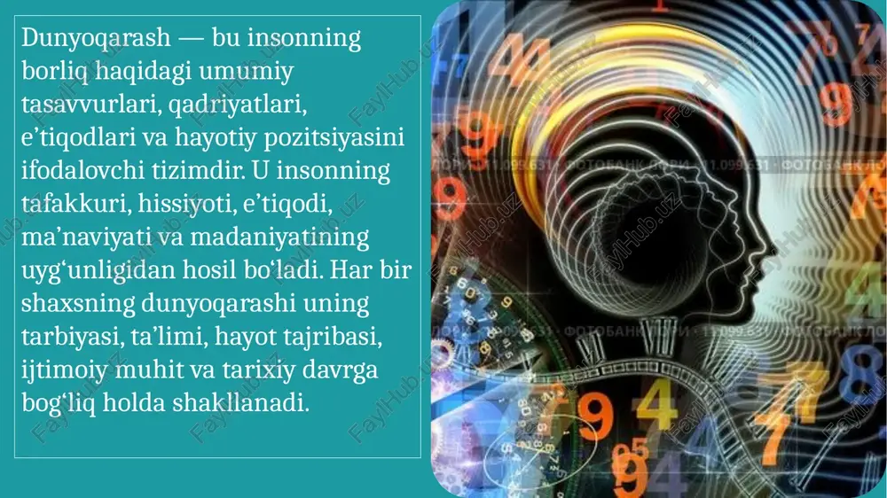 rni shakllantiradi. shu bois adabiyot va san’at ta’lim-tarbiya jarayonining ajralmas qismidir. xulosa dunyoqarash va badiiy ijod — insoniyat ma’naviyatining ikki ustun tayanchidir. dunyoqarash ijodning manbai bo‘lsa, ijod dunyoqarashni boyitadi. inson tafakkuri, his-tuyg‘usi, e’tiqodi va orzulari san’at orqali abadiylashadi. shu bois, har bir davrda ijodkorlarning dunyoqarashi jamiyat ma’naviy qiyofasini belgilovchi omil bo‘lib qoladi. image1.jpeg image2.jpeg image3.jpeg image4.jpeg image5.jpeg image6.jpeg image7.jpeg image8.jpeg image9.jpeg image10.jpeg /docprops/thumbnail.jpeg