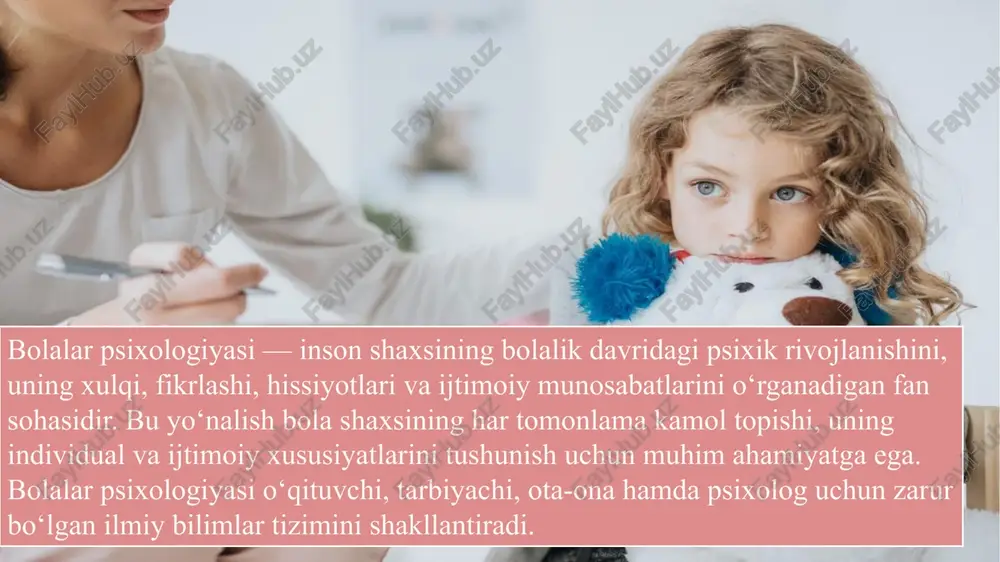 anishni tahlil qilishda yordam beradi. bu metod bolaning rivojlanish bosqichlarini hujjatlar asosida o‘rganishga imkon beradi. test: 1. bolalar psixologiyasi nimalarni o‘rganadi? a) faqat bolaning fiziologik o‘sishini b) bolaning psixik jarayonlari va shaxs sifatlarini c) faqat maktabdagi o‘qish faoliyatini d) o‘qituvchilarning psixologik xususiyatlarini 2. psixologik tadqiqot metodlari deganda nimani tushunamiz? a) tajribani o‘tkazish uchun asboblar majmuasini b) psixik hodisalarni o‘rganish vositalari va usullarini c) bolaning ijtimoiy munosabatlarini tahlil qilish nazariyasini d) shaxsiy fikr bildirish jarayonini 3. kuzatish metodi qanday holatda qo‘llaniladi? a) bola tabiiy sharoitda faoliyat yuritayotganda b) faqat laboratoriyada maxsus sharoitda c) statistik tahlil bosqichida d) ota-onalar so‘rovi o‘tkazilganda 4. suhbat metodining asosiy maqsadi nima? a) bolaning ichki hissiyot va fikrlarini bilish b) faoliyatini tahlil qilish uchun hujjat yig‘ish c) ijtimoiy guruhdagi o‘rni aniqlash d) fikrlarni statistik tahlil qilish 5. eksperiment metodi nimani ta’minlaydi? tabiiy holatda bola xatti-harakatini qayd etish b) maxsus sharoitda psixik jarayonlarni o‘lchash c) test natijalarini hisoblash …