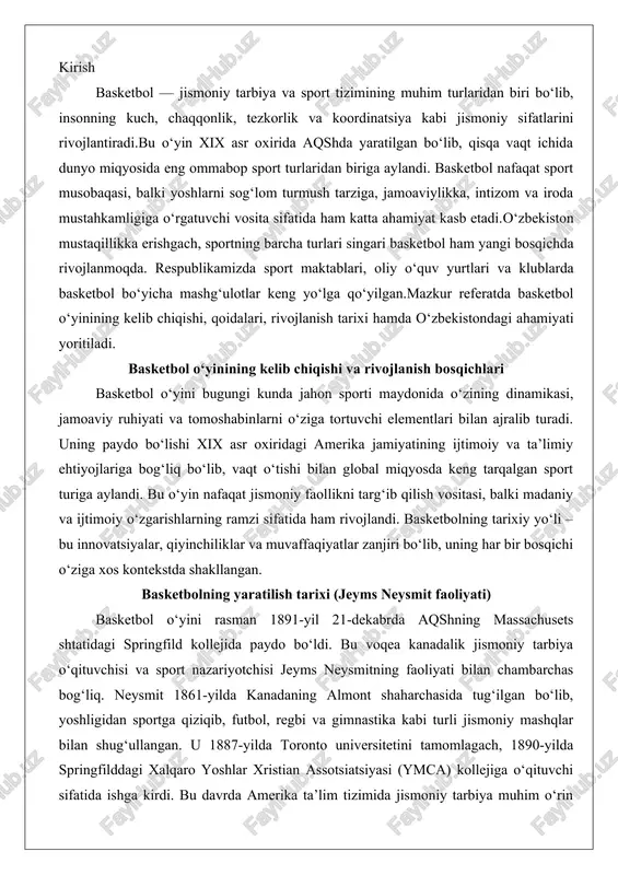 do universitetida jismoniy tarbiya bo‘limi rahbari bo‘ldi va 1939-yilda vafot etgunga qadar basketbolning qoidalari va usullarini takomillashtirish bo‘yicha ishlar olib bordi. uning merosi shundaki, basketbol tezda ymca tarmoqlarida tarqaldi va 1904-yilda sent-luis olimpiya o‘yinlarida demonstratsiya turi sifatida namoyish etildi. bu jarayonni tahlil qilsak, neysmitning ixtirosi amerika jamiyatining sanoat rivoji davridagi ijtimoiy o‘zgarishlari – shaharlashtirish va ichki ta’lim ehtiyojlari – bilan uzviy bog‘liq. u sportni demokratiklashtirishga xizmat qildi, chunki u qimmatbaho jihozlarsiz o‘ynaladigan oddiy o‘yin edi. natijada, basketbol nafaqat kollej doiralarida, balki kengroq jamiyatda qabul qilindi, bu esa uning keyingi rivojlanishiga poydevor qo‘ydi. bugungi kunda neysmitning ismi basketbolning ramzi sifatida saqlanmoqda, va uning 13 ta asosiy qoidasi hali ham o‘yinning asosini tashkil etadi. basketbolning dastlabki shakli va o‘yin qoidalarining shakllanishi basketbolning dastlabki shakli oddiy va improvizatsiya asosida bo‘lgan: to‘p sifatida futbol to‘pi ishlatilgan, savatlar esa gimnastika zali devoriga osilgan shaftoli savatlari edi. o‘yin maydoni 15x15 metr bo‘lib, har bir jamoada 9 …