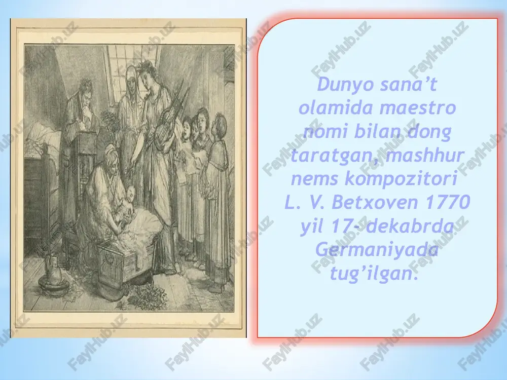 venni, uylarida tashkil etiladigan ijodiy kechalarga taklif etishardi. obro’li bastakor haqidagi maqolalar gazetalarning birinchi sahifalarida berilar, maqtovlarning esa chek-chegarasi yo’q edi . barcha qiyinchiliklarga qaramay betxoven hayotining ohirigacha musiqani tashlamadi u o’zidan juda ko’plab nodir musiqa asarlari, sonatalar, pyessalar, simfoniyalar, oratoriya va “fidileo” operasini qoldirdi. u musiqaning buyuk qudratli kuch ekanligini bilgan holda “musiqa inson qalbini chaqmoq kabi yoritmog’i lozim” deya xitob qilgan edi. mashhur kompozitor lyudvig van betxoven 1827- yil 26- mart kuni vena shahrida 56 yoshida vafot etdi 1845-yilda 1845-yilda germaniyaning bonn shahrida uning uning birinchi haykali o’rnatildi dunyoda baxt va omadni ortidan quvmagan insonlar kam topiladi, lekin omad va baxtning o’zi soyadek ergashgan insonlar undan ham kam. betxoven aynan shu toifadan edi. uning asarlari asrlar osha bizga fidoiylik, va matonatdan saboq berayotgandek. xulosa mustahkamlash: savollar: 8yoshida 1827 yilda “fidileo” bonn shahrida 1770-yilda germaniyada betxoven qachon va qayerda tug’ilgan? betxoven birinchi konsertini necha yoshda bergan? betxovenning eng mashhur …