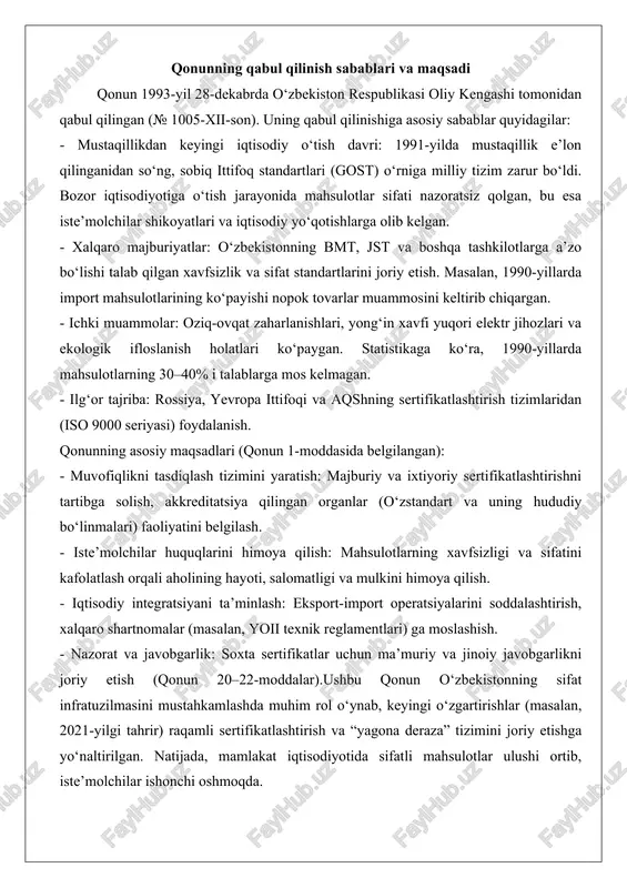 y va jinoiy javobgarlikni joriy etish (qonun 20–22-moddalar).ushbu qonun o‘zbekistonning sifat infratuzilmasini mustahkamlashda muhim rol o‘ynab, keyingi o‘zgartirishlar (masalan, 2021-yilgi tahrir) raqamli sertifikatlashtirish va “yagona deraza” tizimini joriy etishga yo‘naltirilgan. natijada, mamlakat iqtisodiyotida sifatli mahsulotlar ulushi ortib, iste’molchilar ishonchi oshmoqda. o‘zbekiston respublikasining “mahsulotlar va xizmatlarni sertifikatlashtirish to‘g‘risida”gi qonuni sertifikatlashtirish tushunchasi va uning asosiy tamoyillari sertifikatlashtirish deganda mahsulotlar yoki xizmatlarning belgilangan talablar, standartlar va me’yorlarga muvofiqligini rasmiy tasdiqlash jarayoni tushuniladi. bu tushuncha iqtisodiyotning turli sohalarida mahsulot sifatini ta’minlash, iste’molchi xavfsizligini himoya qilish va bozor munosabatlarini tartibga solish uchun muhim ahamiyat kasb etadi. sertifikatlashtirish orqali mahsulotning texnik xususiyatlari, ekologik tozaligi, foydalanishdagi ishonchliligi va boshqa ko‘rsatkichlari baholanadi, bu esa uni bozorda raqobatbardosh qiladi.sertifikatlashtirishning asosiy tamoyillari quyidagilardan iborat bo‘lib, ular jarayonning shaffofligi va adolatliligini ta’minlaydi. birinchi tamoyil – mustaqillik tamoyili bo‘lib, sertifikatlashtirishni amalga oshiruvchi organlar ishlab chiqaruvchi yoki sotuvchidan to‘liq mustaqil bo‘lishi lozim. bu tamoyil orqali baholash jarayonida manfaatlar to‘qnashuvi oldi olinadi va natijalarning …