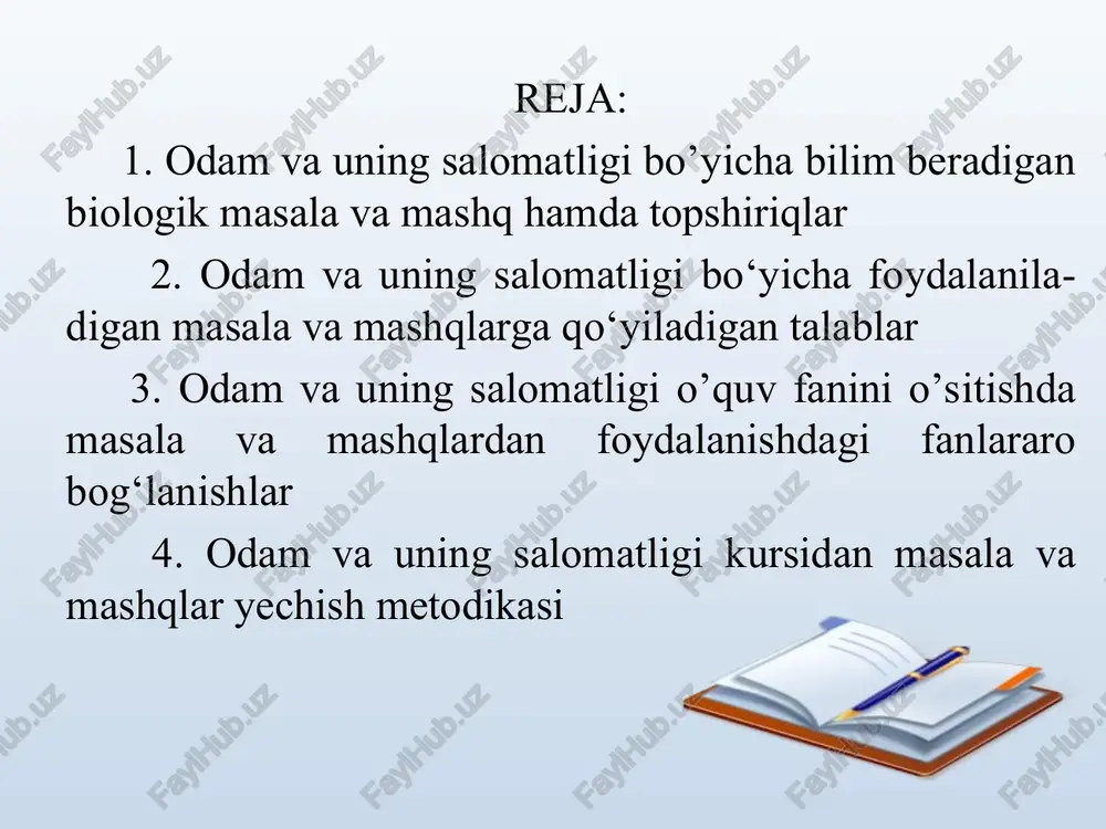 dam qad – qomatini aniqlash usullarini; - odam organizmining rivojlanishi; - jismoniy mashqlarning organizmga ta’sirini; - sog‘liqni saqlovchi va unga salbiy ta’sir ko‘rsatuvchi omillarga bog‘liq masala va mashqlarni bajarishni; -ayirish organlari va uning tuzilishi, funksiyalarini; -nerv sistemasi va sezgi analizatorlarining tuzilishi, bajaradigan vazifalarini. anatomiya o’quv fanidan o’rin olgan boblarini ketma-ketligi odam organizmi to‘g‘risida umumiy ma’lumot organizm funksiyasbsbvg boshqarilishi, sekretsiya bezlari tayanch-harakatlanish sistemasi qon qon aylanish sistemasi ovqat hazm qilish sistemasi ol1y nerv faoliyati moddalar va energiya almashinuvi teri va siydik ayirish sistemasi nerv sistemasi nafas olish sistemas1 sezgi organlari kopayish va r1yojlanish . odamning biologik va 1jtimoiy tabiati 3.odam va uning salomatligi o’quv fanini o’sitishda masala va mashqlardan foydalanishdagi fanlararo bog‘lanishlar o‘quvchilarga ta’lim berish jarayonida fanlararo bog‘lanish asosiy o‘rinda turadi. chunki har bir hodisani ilmiy jihatdan asoslash unga ko‘p tomonlama yondashishni talab etadi. biologik jarayonlarni borishini o‘rganish davomida ham kimyoviy, fizikaviy, matematikaga oid bilimlardan foydalanish zarur. - masala va mashqlarni …