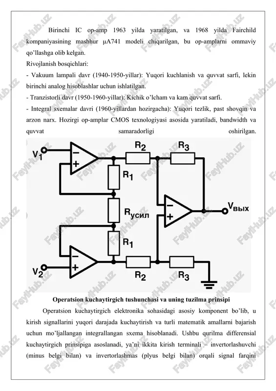 \( v_{chiq} = a (v_{+} - v_{-}) \), bu yerda \( a \) – ochiq zanjir kuchaytirish koeffitsienti, \( v_{+} \) va \( v_{-} \) mos ravishda invertorlashmas va invertorlashuvchi kirishlar voltaji. amalda, teskari aloqa zanjiri qo’shilganda, bu formula o’zgaradi va qurilma turli funksiyalarni bajaradi. masalan, oddiy invertorlovchi kuchaytirgichda teskari aloqa rezistori orqali chiqish kirishga ulanadi, natijada kuchaytirish koeffitsienti \( k = -r_f / r_{kir} \) ga teng bo’ladi. bu prinsip operatsion kuchaytirgichning universal ligini ta’minlaydi, chunki bitta komponent yordamida ko’plab sxemalarni qurish mumkin.operatsion kuchaytirgichning ichki tuzilishi misolida, masalan, klassik μa741 modeli olinsa, u bipolyar tranzistorlar asosida qurilgan bo’lib, kirish bosqichida darlington juftligi qo’llaniladi. bu juftlik kirish qarshiligini 2 mω gacha oshiradi va ofset voltajini kamaytiradi. chiqish bosqichi push-pull sxemasi bo’lib, simmetrik yuklanishni ta’minlaydi. ushbu tuzilma prinsipi zamonaviy cmos texnologiyali operatsion kuchaytirgichlarda ham saqlanib qolgan, ammo quyi quvvat sarfi va yuqori tezlik bilan. asosiy parametrlar: kuchaytirish koeffitsienti, kirish va chiqish …
