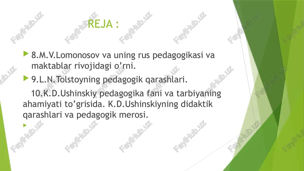 di. rus pedagog-olimlarining pedagogik g’oyalari 988-yilda xristian dinini qabul qilgan krill va mefodiylar grek alfabiti asosida kirill alifbosini ishlab chiqdilar. sharqiy slavyan tili rus yozuvi uchun asos qilib olindi. kiev rusiga xristan dini bilan birga vizantiya madaniyatining ayrim elementlari ham kira boshlagan. iogann genrix pestalotsining didaktika va boshlang’ich ta’lim metodikasiga qo’shgan hissasi. iogann fridrix gerbart germaniyada tug`ildi. gerbart dastlab lotincha klassik maktabda, so`ngra esa iyen universitetida o`qidi. gerbart universitetni tamomlagach, shveytsariyalik bir aristokrat oilasida tarbiyachi bo`lib ishladi. 1800 yilda u pestalotssining burgdorf institutiga bordi. lekin u ulug` pedagogning demokratik qarashlarini o`zlashtira olmadi. 1802 yildan boshlab gerbart gyottingen va kenigsberg universitetlarida professor bo`lib ishlad .u seminariya huzurida tajriba maktabi ochib, o`zi bu maktabda matematikadan dars berdi. gerbart asarlari gerbart o`zining «tarbiya maqsadlaridan kelib chiqqan umumiy pedagogika» (1806), «psixologiya darsligi» (1816), «psixologiyani pedagogikaga tatbiq qilish to`g`risidagi xatlar» (1831), «pedagogikaga doir leksiyalar ocherki» (1835) degan kitoblarida pedagogikaga doir g`oyalarini keng bayon qilib berdi. …