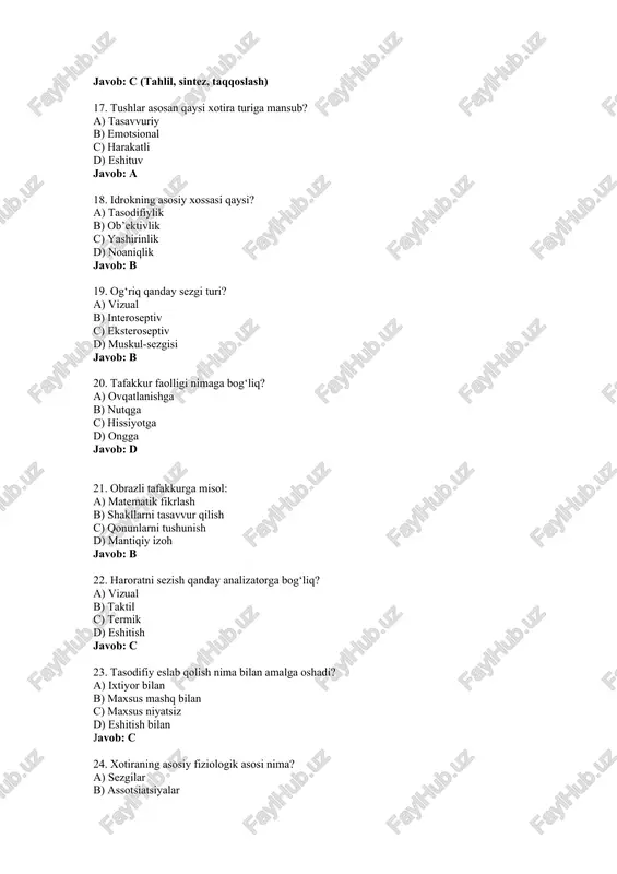 vizual javob: c 32. sezgi va idrok asosiy farqi? a) sezgi ixtiyoriy, idrok esa ixtiyorsiz b) sezgi sub’ektiv, idrok ob’ektiv c) sezgi rasmiy, idrok noaniq d) ikki tomondan bog‘liq javob: b 33. idrokda asosiy vosita bu: a) eshitish b) e’tibor c) ko‘z d) mantiq javob: b 34. tushunchalarning bevosita shakllanishi nimaga tegishli? a) tafakkur b) sezgi c) hissiyot d) harakat javob: a 35. eslab qolish uchun biror voqeani boshqa voqea bilan bog‘lash nima deyiladi? a) qiyoslash b) analiz c) assotsiatsiya d) sintez javob: c 36. harakat xotirasi ko‘proq kimlarda rivojlangan bo‘ladi? a) o‘qituvchilarda b) sportchilarda c) rassomlarda d) musiqachilarda javob: b 37. o‘zgarishlarga moslasha olish tafakkurning qaysi turi? a) stereotipik b) moslashuvchan (adaptiv) c) passiv d) mustahkam javob: b 38. taktil sezgi orqali nima aniqlanadi? a) rang b) harorat c) shakl, yuzaning silliqligi d) hid javob: c 39. idrok natijasida nima hosil bo‘ladi? a) xotira b) tushuncha c) obraz d) …