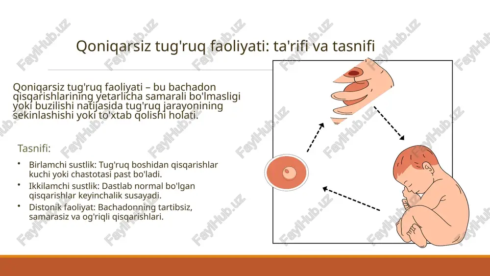 qatlantirish, jismoniy faollikni nazorat qilish va surunkali kasalliklarni davolash. tug'ruq davri tug'ruqni diqqat bilan kuzatish, partogramma yuritish, og'riqsizlantirishni to'g'ri tanlash va tug'ruqni rag'batlantirishni o'z vaqtida boshlash. chilla davri asoratlarni profilaktikasi, onaning va chaqaloqning holatini doimiy nazorat qilish, emizishni qo'llab-quvvatlash. har bir bosqichda to'g'ri taktika qoniqarsiz tug'ruq faoliyati va uning asoratlarini oldini olishga yordam beradi. 8 xulosa va asosiy tavsiyalar "qoniqarsiz tug'ruq faoliyatini samarali boshqarish onalar va chaqaloqlar salomatligining kalitidir." asosiy xulosalar: erta tashxis va xavf omillarini aniqlash juda muhim. integratsiyalashgan davolash yondashuvi zarur. homiladorlik, tug'ruq va chilla davrida doimiy monitoring. tavsiyalar: tibbiyot xodimlarining malakasini oshirish. ayollarni tug'ruqqa tayyorlash bo'yicha ta'lim dasturlarini kengaytirish. zamonaviy diagnostika va davolash usullarini joriy etish. ushbu chora-tadbirlar qoniqarsiz tug'ruq faoliyati bilan bog'liq muammolarni kamaytirishga yordam beradi va sog'lom avlod tug'ilishini ta'minlaydi. 9 image2.png image3.png image4.svg image5.png image6.svg image7.png image8.svg image9.png image10.png image11.png image12.png image13.png image14.png image15.png image16.png