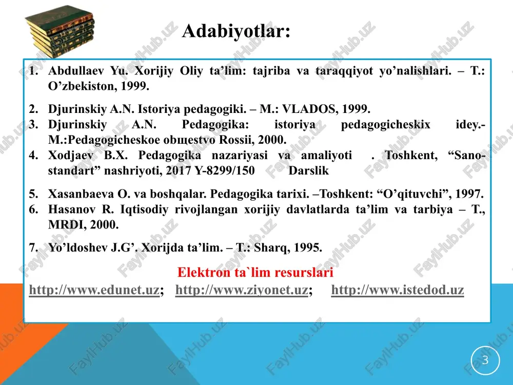 kllanmoqda. unga koreya, tayvan, singapur va gonkong, shuningdek, malayziya, tayland, filippin va indoneziya kabi davlatlarni kiritish mumkin. lotin amerikasi. ikkinchi turga integratsion jarayonlarga muvaffaqiyatli javob qaytarayotgan hududlar tegishli. birinchi navbatda bu lotin amerikasi davlatlaridir. tarixda bo’lgani singari bugungi kunda ham lotin amerikasiga integratsion o’choqlar zonasi sifatida aqsh va g’arbiy yevropa tomonidan ta’sir ko’rsatilmoqda. ta’lim jarayoni integratsiyasiga uchinchi turga ta’lim jarayoni integratsiyasiga kam e’tibor qaratayotgan regionlar kiradi. mazkur guruhga saxara janubidan boshlab afrika davlatlarining katta qismi, janubiy va janubiy-sharqiy osiyoning qator davlatlari, tinch va atlantika okeani havzasidagi uncha katta bo’lmagan orol davlatlarini kiritish mumkin. afrika davlatlarida maktab ta’limining davomiyligi minimal daraja – 4 yildan kam. mazkur hududlarda aholining ko’pchiligi savodsiz. masalan, janubiy saxarada yashovchi 140 mln afrikalik savodsizligicha qolmoqda. maktab ta’limi davomiyligining eng pastligi nigeriyada – 2,1 yil, keyin burkina-fasoda – 2,4 yil, gveniyada – 2,7 yil, jibutida – 3,4 yil. 9 10 iqtisodiy rivojlangan davlatlar ta’lim tizimi aqsh aqshda 3 …