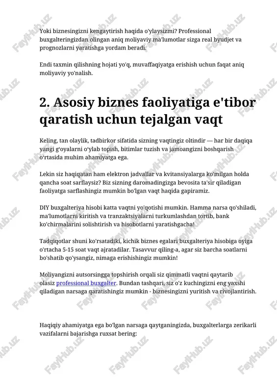 atli vaqtni qaytarib olasiz professional buxgalter. bundan tashqari, siz o'z kuchingizni eng yaxshi qiladigan narsaga qaratishingiz mumkin - biznesingizni yuritish va rivojlantirish. haqiqiy ahamiyatga ega bo'lgan narsaga qaytganingizda, buxgalterlarga zerikarli vazifalarni bajarishga ruxsat bering: · strategik rejalashtirish: g'oyalarni aqliy hujumga o'tkazish, strategiyalarni ishlab chiqish va kelajakdagi muvaffaqiyat uchun yo'l xaritasini yaratish uchun ko'proq vaqt ajrating. · o'zaro munosabatlarni o'rnatish: mijozlar, hamkorlar va investorlar bilan ko'proq tarmoqqa ega bo'lgan aloqalarni mustahkamlang va qimmatli aloqalarni o'rnating. · mijozlarga hizmat: mijozlarga ajoyib xizmat ko'rsatish, sodiqlikni rivojlantirish va takroriy biznesni rivojlantirishga e'tibor qarating. · mahsulot ishlab chiqish: tadqiqot va ishlanmalarga vaqt ajrating, yangi mahsulot g‘oyalarini o‘rganing va mijozlaringizga eng yaxshisini taklif etayotganingizga ishonch hosil qiling. buxgalteriya hisobi vazifalarini topshirish orqali siz nafaqat vaqtingizni bo'shatibgina qolmay, balki moliyaviy ahvolingiz mutaxassislar qo'lida ekanligini bilib, xotirjamlikka erishasiz. shunday qilib, siz o'sish va rentabellikning butunlay yangi darajasini oshirasiz. 3. soliq talablariga rioya qilish kuchaytirildi va xatolar kamaytirildi soliq …