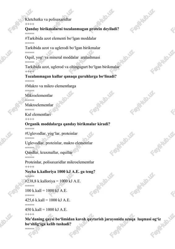 opektin ==== dekstrin va glikogen ==== sellyuloza va pentoza ==== saxaroza va maltoza ++++ nima tarkibida morfin alkoloidi uchraydi? ==== #ko‘knori ko‘sagida ==== kokain yaprog‘ida ==== kanaf tarkibida ==== nasha tarkibida ++++ konformatsiya nima? ==== #oqsil molekulasini natural holdagi tuzilishi ==== oqsil molekulalarni birikmasi ==== aminokislotalarni uglevodlar bilan birikishdan hosil bo‘lgan modda ==== oqsillar bilan yog‘larni birikishidan hosil bo‘lgan birikma ++++ qanday holatda anemiya kasalligi hosil bo‘ladi? ==== #organizmda temir elementini kamayishidan ==== organizmda qonni kamayishidan ==== organizmda eritrotsitlarni ko‘payishidan ==== organizmda leykotsitlarni kamayishidan ++++ yosh mollarda raxid kasalligi qaysi vitamin etishmasligidan kelib chiqadi? ==== #d ==== e ==== s ==== a ++++ qaysi ozuqalarda tozalanmagan yog‘ ko‘p? ==== #kunjara va shrotlarda ==== makkajo‘xori donida ==== paxta sheluxasida ==== ko‘k o‘tlarda ++++ makroelementlarga qaysi elementlar kiradi? ==== #sa, r, na, k, cl, mg, s ==== ca, p, na, cl ==== ca, p, na, s ==== ca, p, k, mg ++++ …