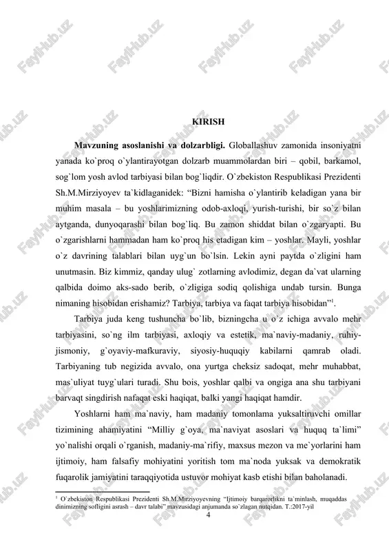 qadriyatlarni shakllantirib va rivojlantirib borish tinch, barqaror taraqqiyot va yuksalish garovidir. bunda iqtisodiy jihatdan kam xarajat, ta`sir ko`lami samarali bo`lgan omillar ahamiyatini ilmiy-falsafiy o`rganish muhim nazariy va amaliy ahamiyatga ega. bu kabi omillarning tarkibiga adabiyot va ijod namunalari, milliy qadriyatlar, urf-odat va an`analar, rivojlangan ta`lim hamda tarbiyaga oid ijtimoiy-falsafiy fikrlar, konstruktiv g`oyalar kiradi. ularni keng yoyuvchi vositalar sirasiga oav (ommaviy axborot vositalari), oila instituti, mahalla instituti, nodavlat va notijorat tashkilotlar, siyosiy partiyalar va boshqalarni kiritishimiz mumkin. yangi o`zbekiston milliy tiklanishdan-milliy yuksalish, harakatlar strategiyasidan-taraqqiyot strategiyasi tomon dadil qadam qo`ygan tarixiy pallada yoshlar ma`naviy-ma`rifiy kamolotiga e`tibor yanada ortib bormoqda[footnoteref:2]. chunki mustaqil fikr va ilmiy tafakkurga, zamonaviy ilm-fan yutuqlaridan bahramand ma`naviy yetuk, barkamol avlod taraqqiyot taqdirida, hal qiluvchi rol o`ynaydi. zero, ma`naviy qashshoqlik, bilimsizlik, tadbirsizlik, o`quvsizlik, faoliyatsizlik, tomoshabinlik, notovonlik bilan bugungi davr shiddatiga bardosh berib bo`lmaydi. shu bois, yoshlar tarbiyasining zamonaviy usul va vositalarga, omillariga e`tibor qaratish, bu boradagi mumtoz va zamonaviy innovatsion …