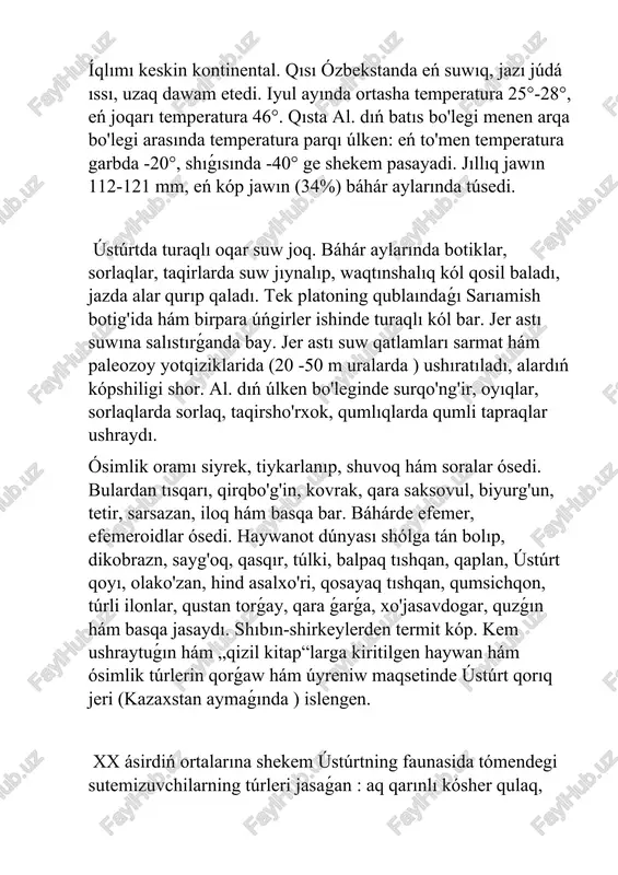 atıladı, alardıń kópshiligi shor. al. dıń úlken bo'leginde surqo'ng'ir, oyıqlar, sorlaqlarda sorlaq, taqirsho'rxok, qumlıqlarda qumli tapraqlar ushraydı. ósimlik oramı siyrek, tiykarlanıp, shuvoq hám soralar ósedi. bulardan tısqarı, qirqbo'g'in, kovrak, qara saksovul, biyurg'un, tetir, sarsazan, iloq hám basqa bar. báhárde efemer, efemeroidlar ósedi. haywanot dúnyası shólga tán bolıp, dikobrazn, sayg'oq, qasqır, túlki, balpaq tıshqan, qaplan, ústúrt qoyı, olako'zan, hind asalxo'ri, qosayaq tıshqan, qumsichqon, túrli ilonlar, qustan torǵay, qara ǵarǵa, xo'jasavdogar, quzǵın hám basqa jasaydı. shıbın-shirkeylerden termit kóp. kem ushraytuǵın hám „qizil kitap“larga kiritilgen haywan hám ósimlik túrlerin qorǵaw hám úyreniw maqsetinde ústúrt qorıq jeri (kazaxstan aymaǵında ) islengen. xx ásirdiń ortalarına shekem ústúrtning faunasida tómendegi sutemizuvchilarning túrleri jasaǵan : aq qarınlı kósher qulaq, asalxo'r, olako'zan, jayran, qoraquloq, manul, ústúrt mufloni, qum mushugi, gepard, leopard. aqırǵı ush tur xx ásirdiń ortalarında bul jerde qirib taslanǵan dep esaplanadı. biraq, xx asirde bul jerde taǵı muflon hám leopard anıqlanǵan. 2018-jıldıń kuzida aldın joq bolıp …