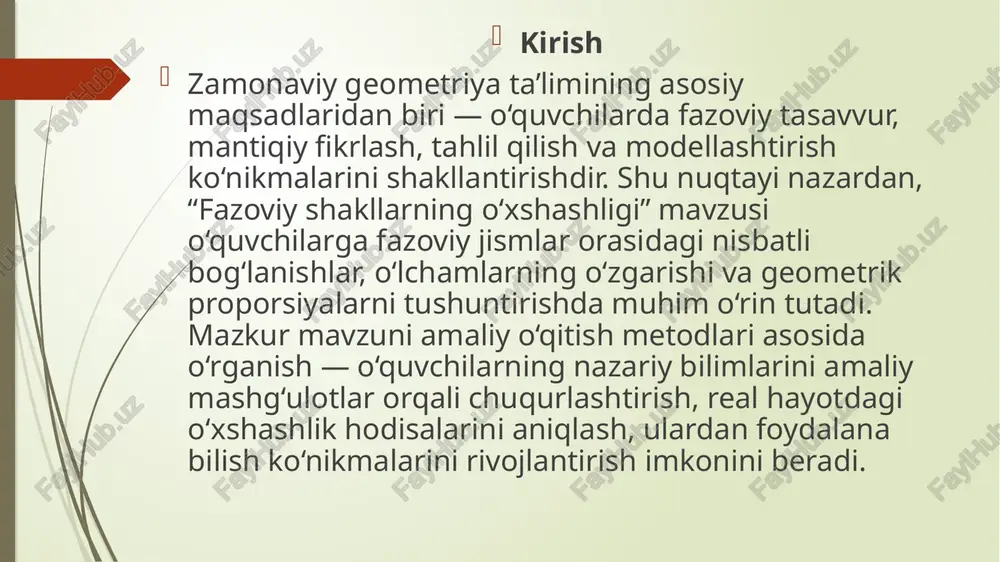 oviy shakllarning o'xshashligi deganda, ular o'lchami, shakli va fazoviy joylashuvi jihatidan bir-biriga qanchalik o'xshash ekanligi tushuniladi. bu, shakllarni aniqlash, tasniflash va o'lchashda muhim rol o'ynaydi. o'xshashlikni aniqlash uchun turli xil usullar, masalan, geometrik xaritalash, o'xshashlik o'lchovlari va mashinani o'rganish algoritmiga ishlatiladi. fazoviy shakllarning o'xshashligi turlari shaklning o'xshashligi: shakllarning o'lchamlari, burchaklari va ko'rinishlari o'xshash bo'lishi. fazoviy joylashuvning o'xshashligi: shakllarning fazoda bir-biriga nisbatan qanday joylashgani. o'lchamning o'xshashligi: shakllarning kattaligi yoki kichikligi o'xshash bo'lishi. raqamli o'xshashlik: raqamli tasvirlar yoki modellar shaklida o'xshashlikni baholash. fazoviy shakllarning o'xshashligini aniqlash usullari geometrik xaritalash: shakllar bir-biriga xaritalash yo'li bilan o'xshashligini aniqlash. o'xshashlik o'lchovlari: shakllar o'rtasidagi farqni o'lchash (masalan, masofa, burchak, burchak). xulosa bugungi dars davomida o'quvchilar "fazoviy shakllarning o'xshashligi" mavzusini amaliy metodlar asosida chuqur o'rgandilar. darsning asosiy maqsadi - geometrik shakllarning o'xshashlik mezonlarini tushuntirish va ularni amaliy hayotda qo'llashni o'rgatish edi. bu maqsad muvaffaqiyatli amalga oshirildi. dars davomida o'quvchilar quyidagi bilim va ko'nikmalarga ega bo'ldilar: fazoviy shakllarning …