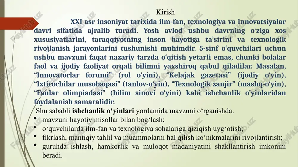 ncha, sanalar yozilgan kartochkalar. nazorat: savol-javob, baholash, rag`batlantirish. darsning borishi i. tashkiliy qism: 2 daqiqa. ii. uy vazifasini takrorlash: 15 daqiqa. o’tilgan mavzuni takrorlash uchun savollar iii. yangi dars mavzusini ro’yobga chiqarish ustida ishlash: 12 daqiqa “guruhlar ishi”. o’quvchilar ikki guruhga bo’linadi va ularga topshiriqlar beriladi. har bir guruh o’z topshirig`ini darslikdan foydalangan holda vatmanga yozadi. 1-guruhga: moddiy va yozma manbalarga nimalar kirishini sanab bering? 2-guruhga: qanday manbalar asosida tarixni o’rganish osonroq? 1-guruhga: xronologiya fanining ahamiyati nimada? 2-guruhga: yilni hisoblash qanday boshlangan? guruh sardorlari doskaga vatmanlarni osib javoblarni izohlab berishadi. javoblar o’qituvchi tomonidan to’ldiriladi va aniqlik kiritiladi. iv. yangi mavzu bayoni: o`qituvchi tomonidan yangi mavzu ko`rgazmalikka asoslangan holda tushuntiriladi insoniyatning butun tarixi davomida ilm-fan rivojlanib bordi. insonning jismoniy mehnatni engillashtirishga intilishi texnika sohasida ulkan kashfiyotlar, ixtirolarning yaratilishiga olib keldi. binobarin, texnika – bu ekskavatorlar, turli xil traktorlar, kombaynlar, buldozerlar, yengil va yuk, yo‘lovchi tashuvchi transport vositalari, samolyot, kosmik raketalar, televizor, …